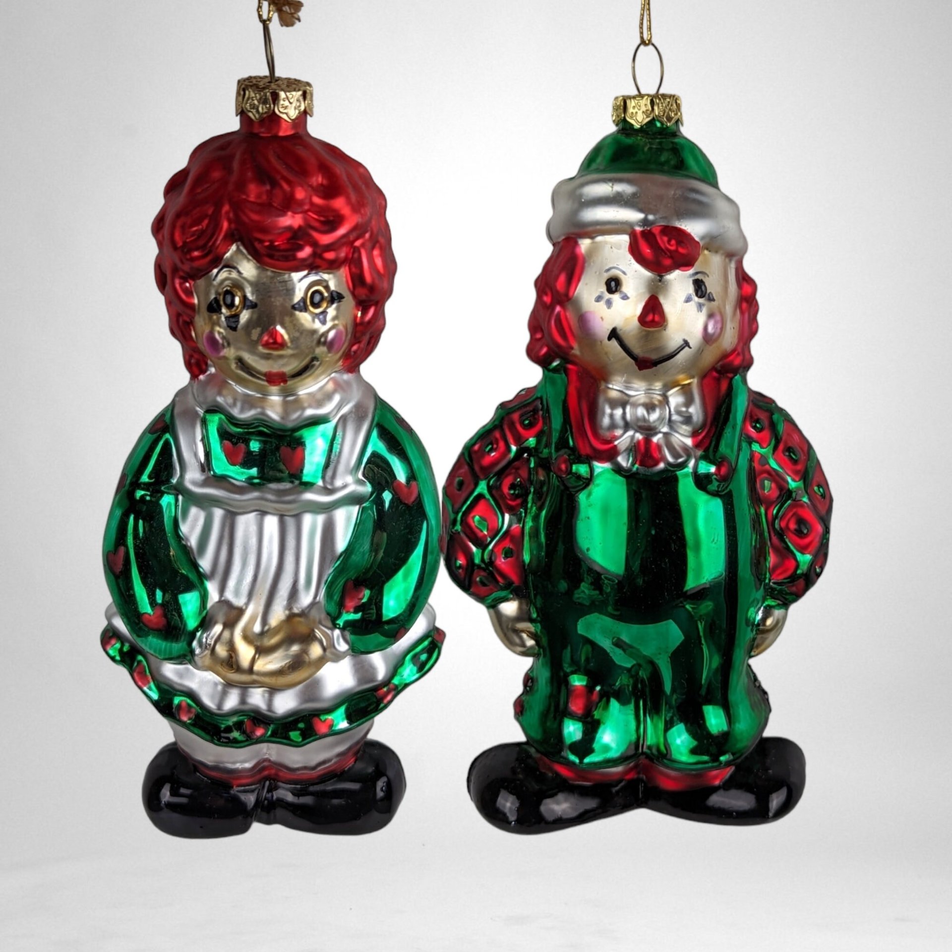 Charming Vintage Raggedy Ann and Andy Glass Ornament Duo: A Nostalgic Holiday Delight
