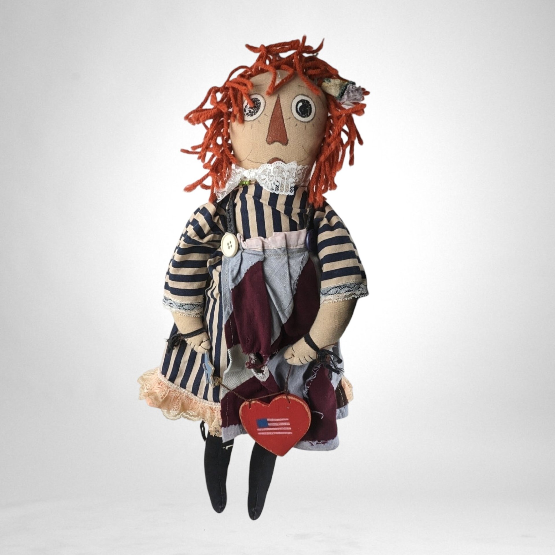 Handcrafted Vintage 23" Raggedy Ann with Heart and American Flag - Patriotic Charm