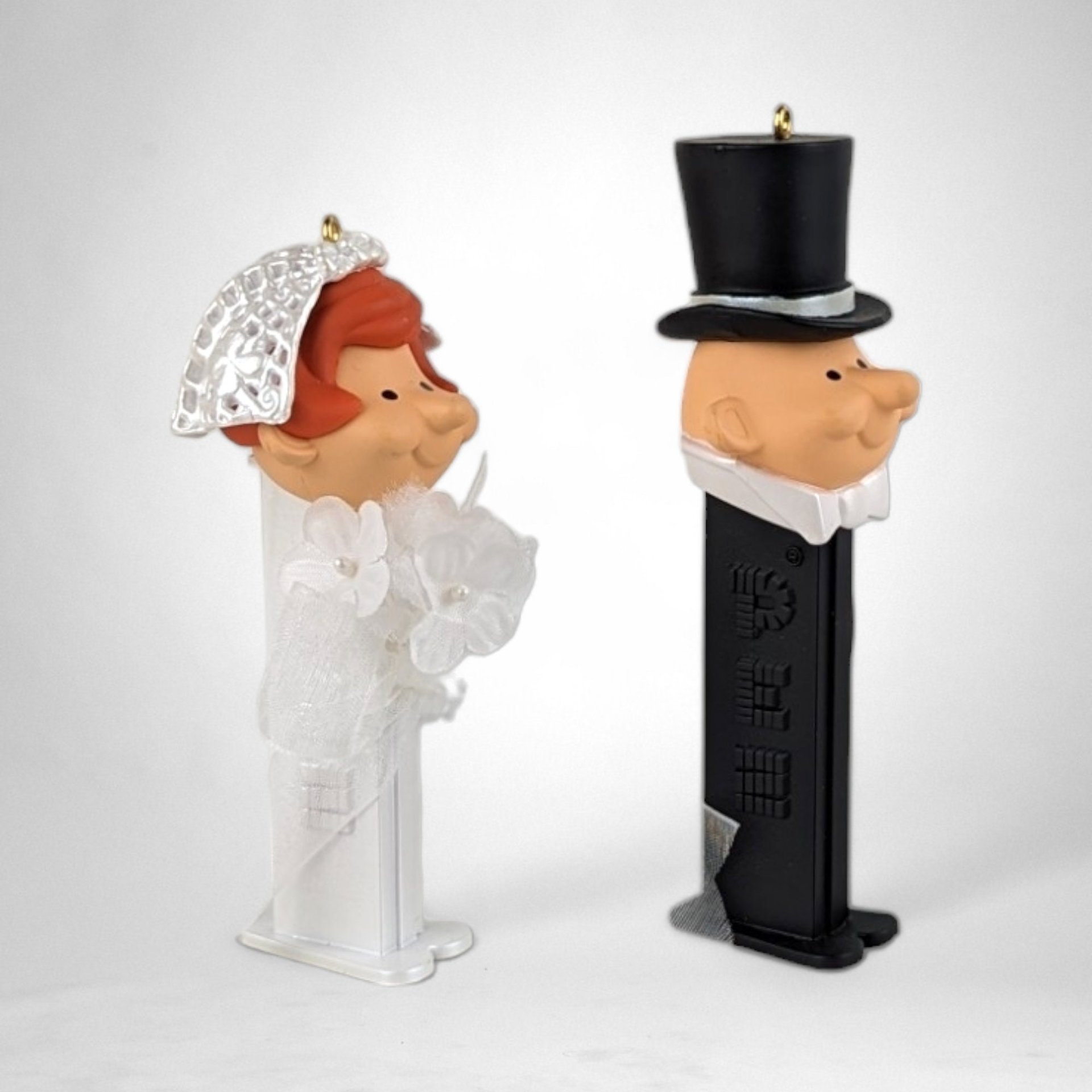 2001 Carlton Cards PEZ Here Comes the Bride and Groom Ornament Set