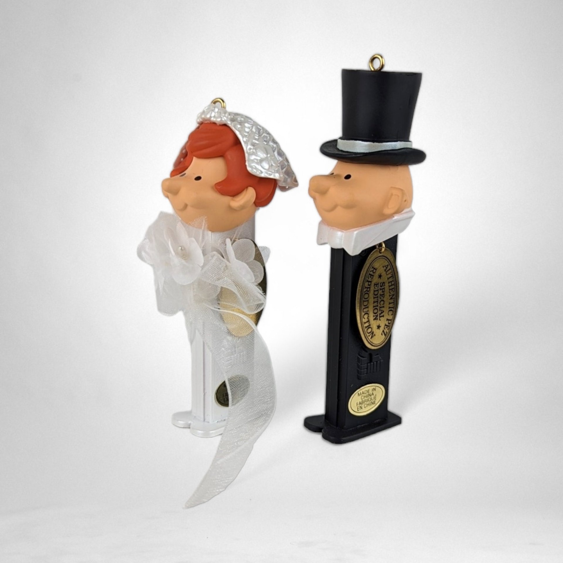 2001 Carlton Cards PEZ Here Comes the Bride and Groom Ornament Set