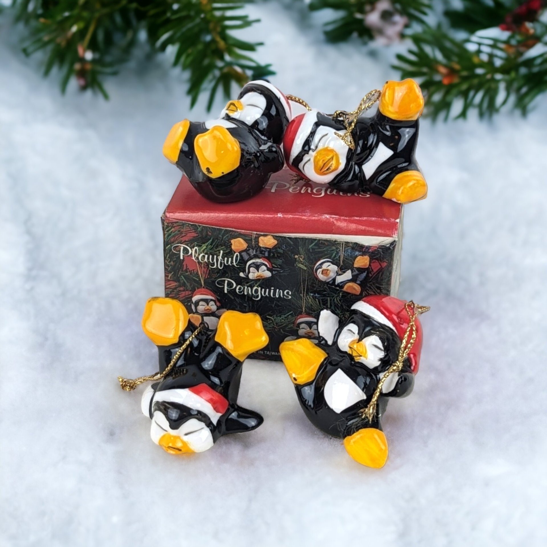 Vintage Set of 4 Playful Penguins Ceramic Christmas Tree Ornaments - Charming Holiday Decorations