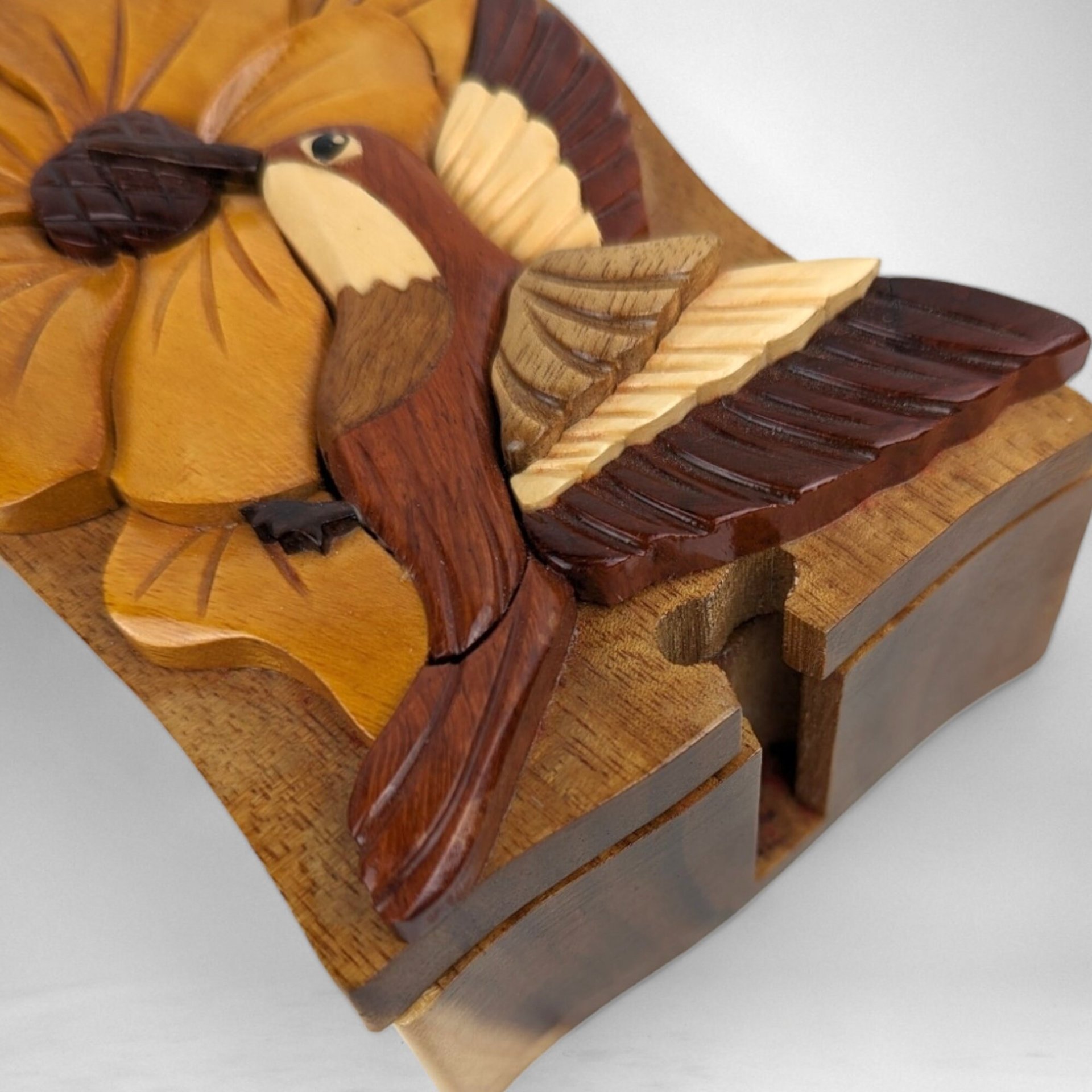 Handcrafted Hummingbird Wooden Puzzle Box, Missing a Piece