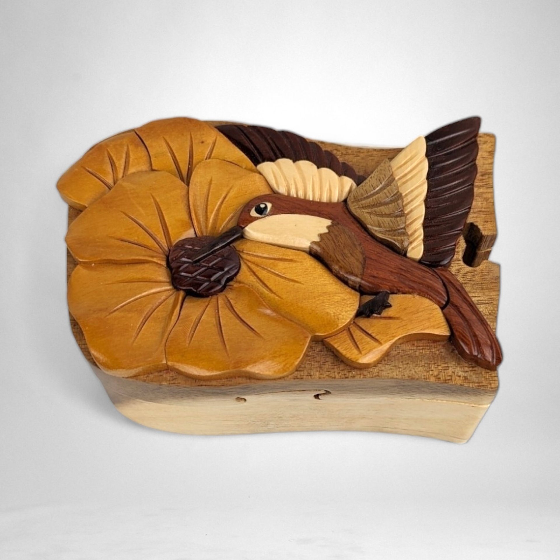 Handcrafted Hummingbird Wooden Puzzle Box, Missing a Piece