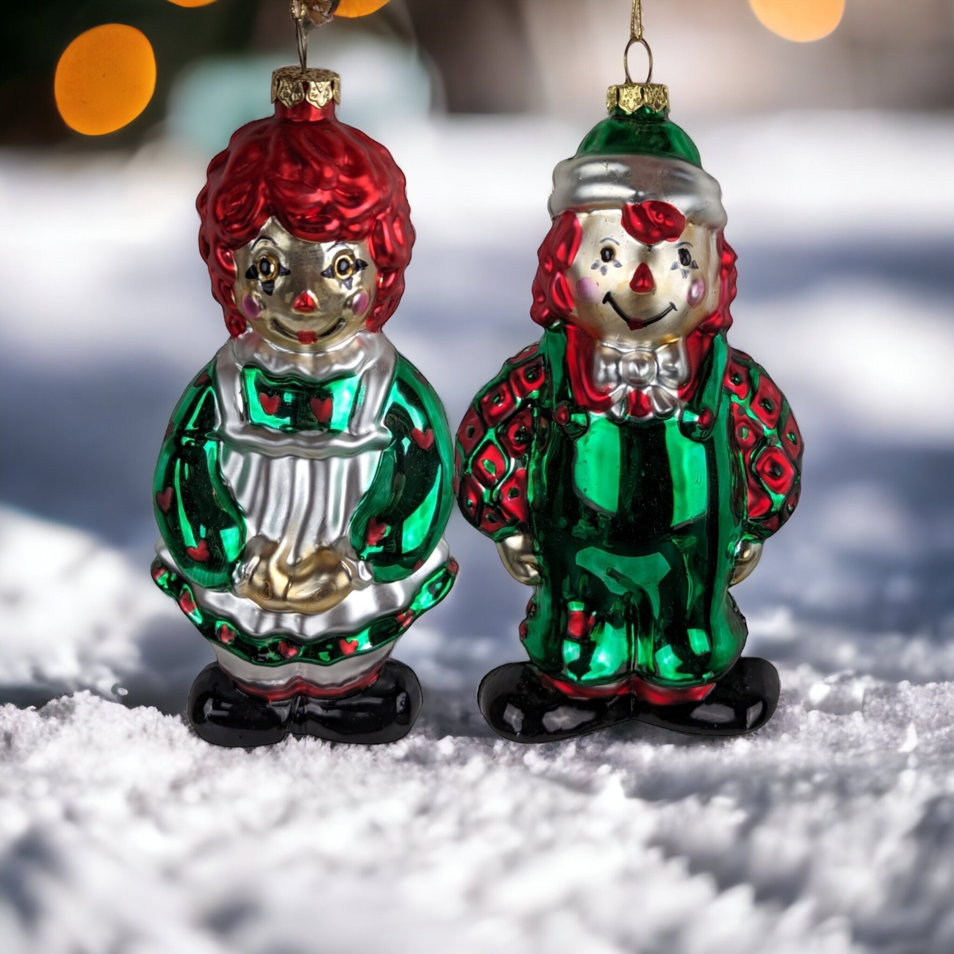 Charming Vintage Raggedy Ann and Andy Glass Ornament Duo: A Nostalgic Holiday Delight
