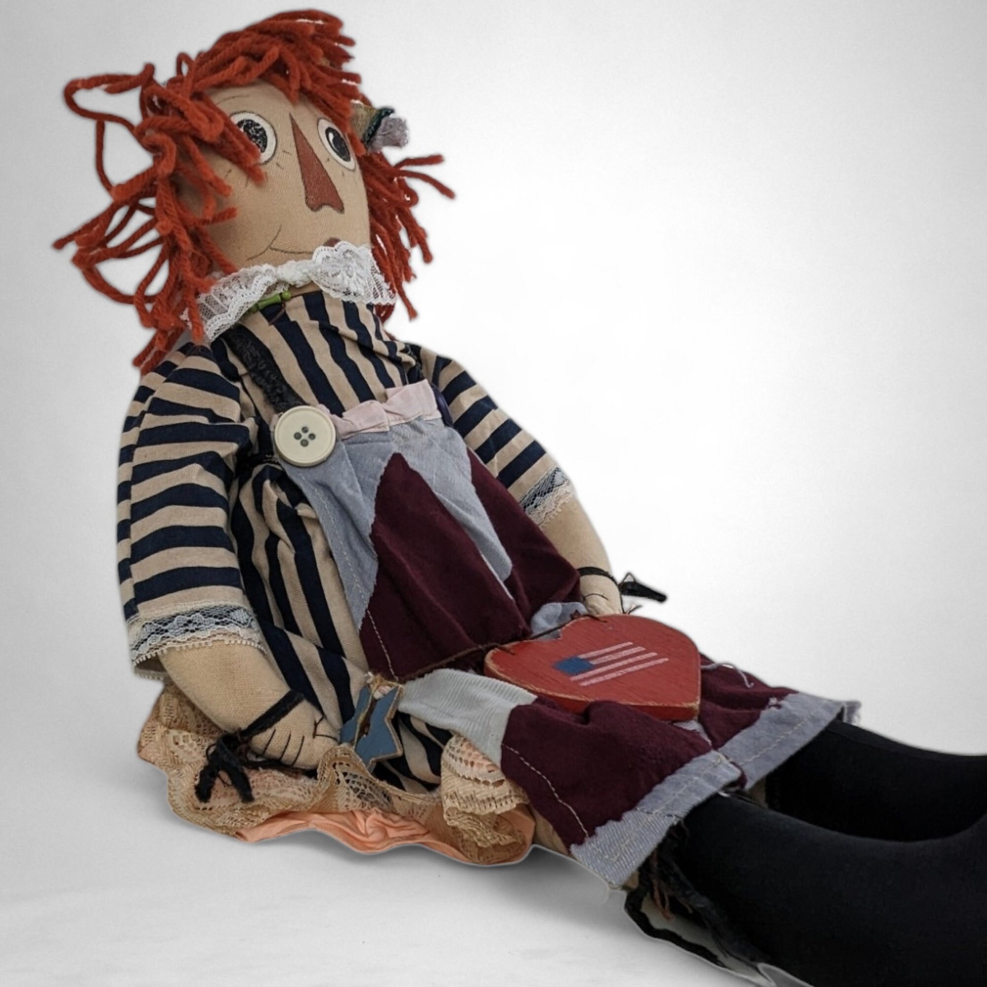 Handcrafted Vintage 23" Raggedy Ann with Heart and American Flag - Patriotic Charm