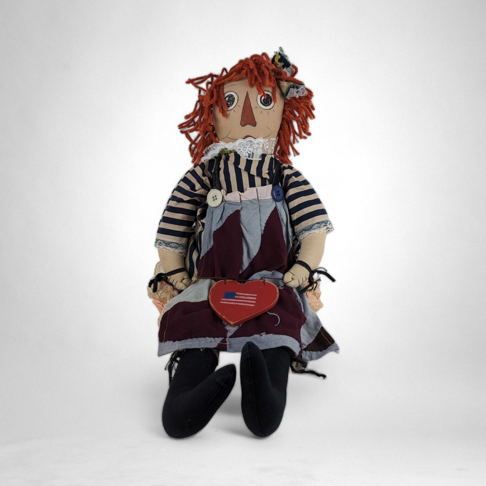 Handcrafted Vintage 23" Raggedy Ann with Heart and American Flag - Patriotic Charm