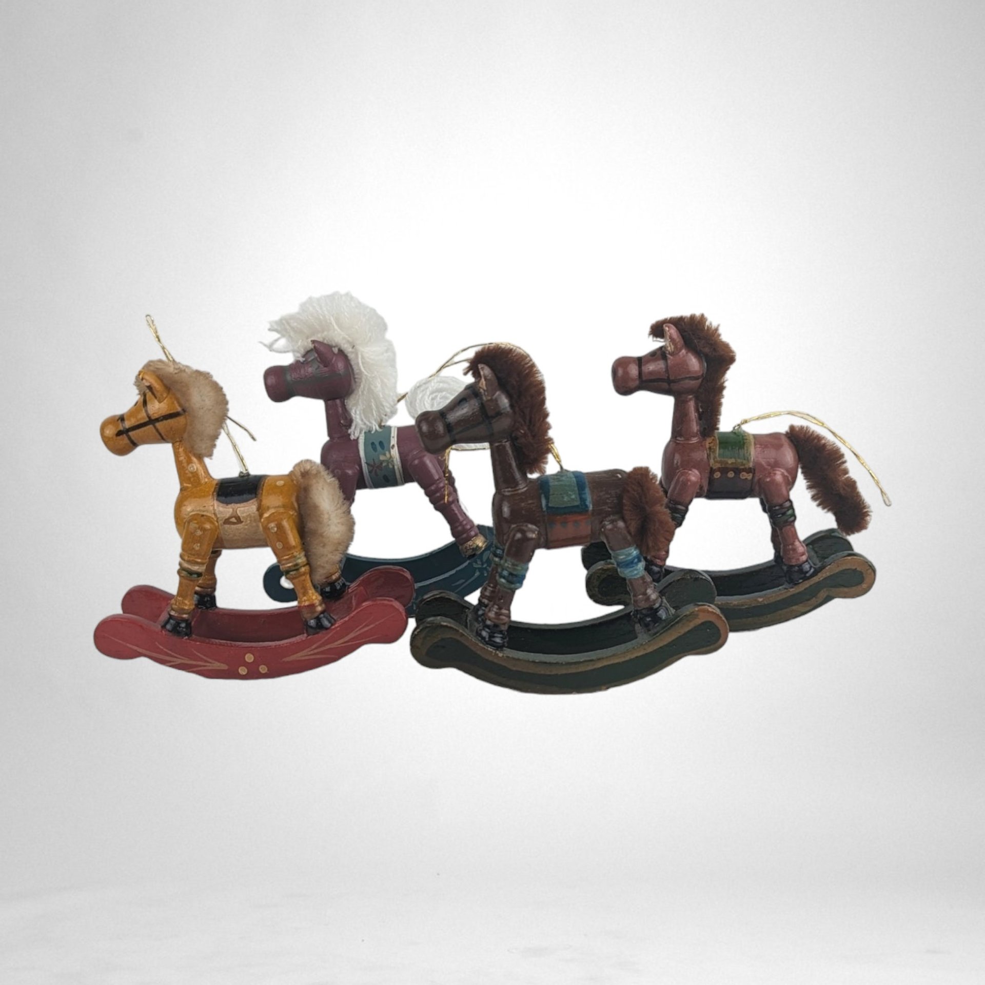 Charming Set of 4 Vintage 1985 Schmid Rocking Horse Wooden Ornaments - Timeless Holiday Elegance