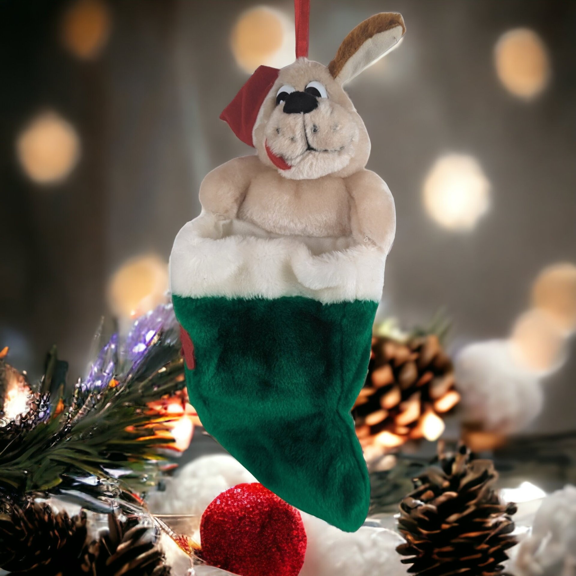 Vintage Plush Beggin' Strips Dog Stocking - Retro Canine Holiday