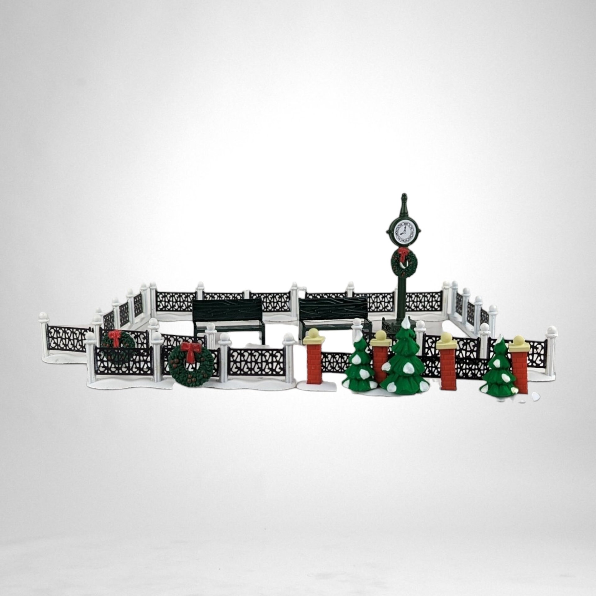 Dept. 56 Snow Village Town Clock, Benches, and Fences: Miniature Village Accessories
