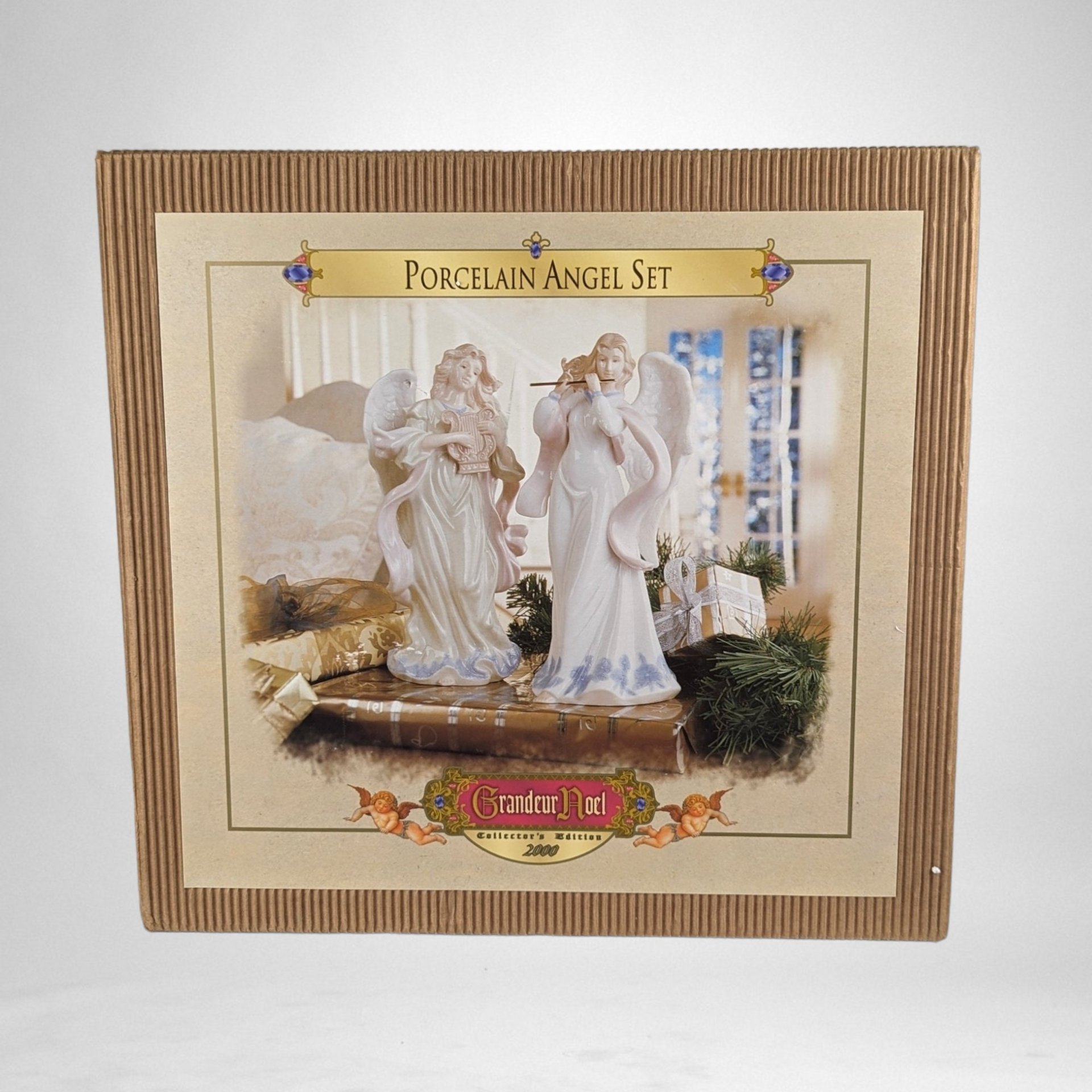 Vintage 2000 Grandeur Noel Porcelain 10" Instrument Angel Pair - Heavenly Holiday Harmony!