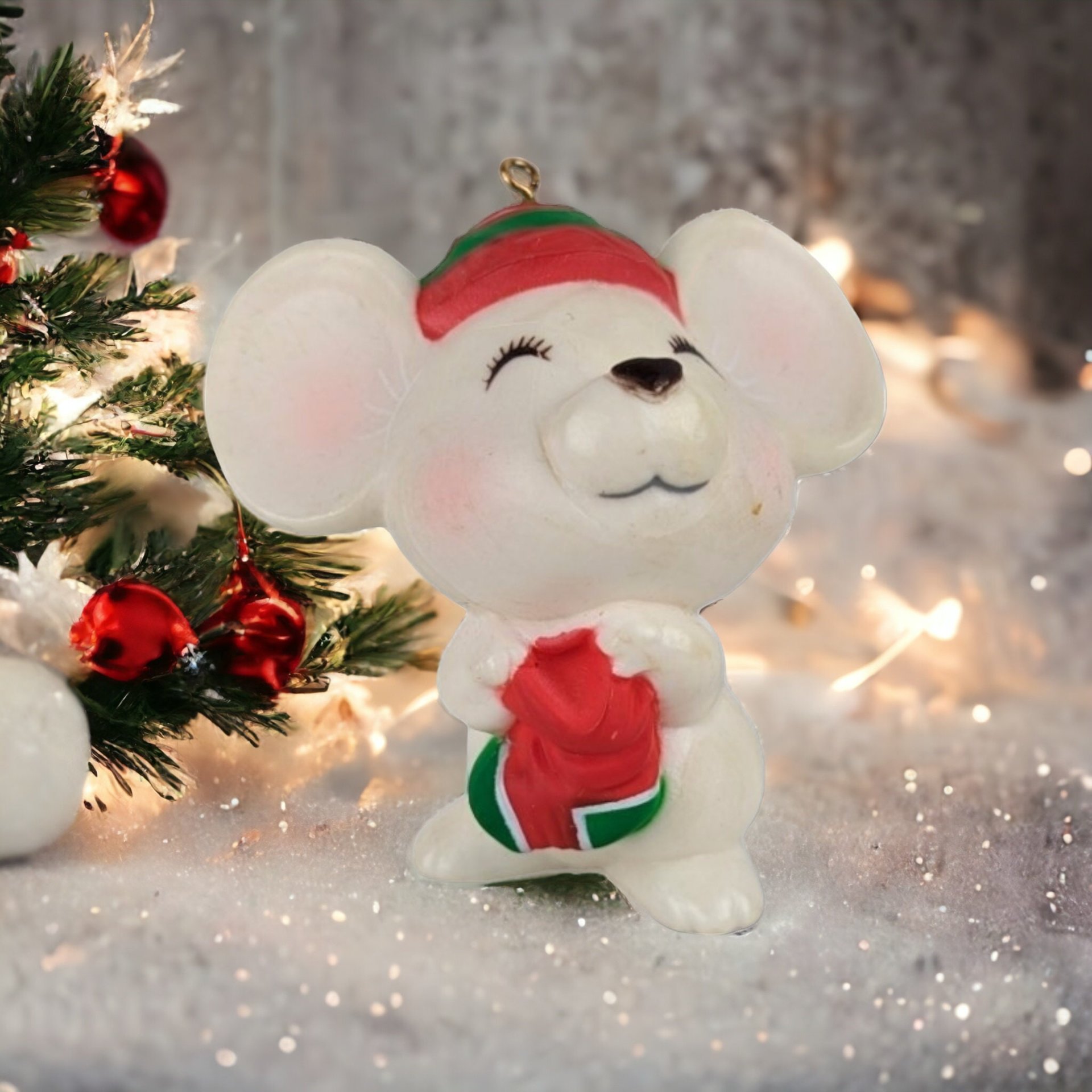 1970s Hallmark Vintage White Mouse Christmas Ornament
