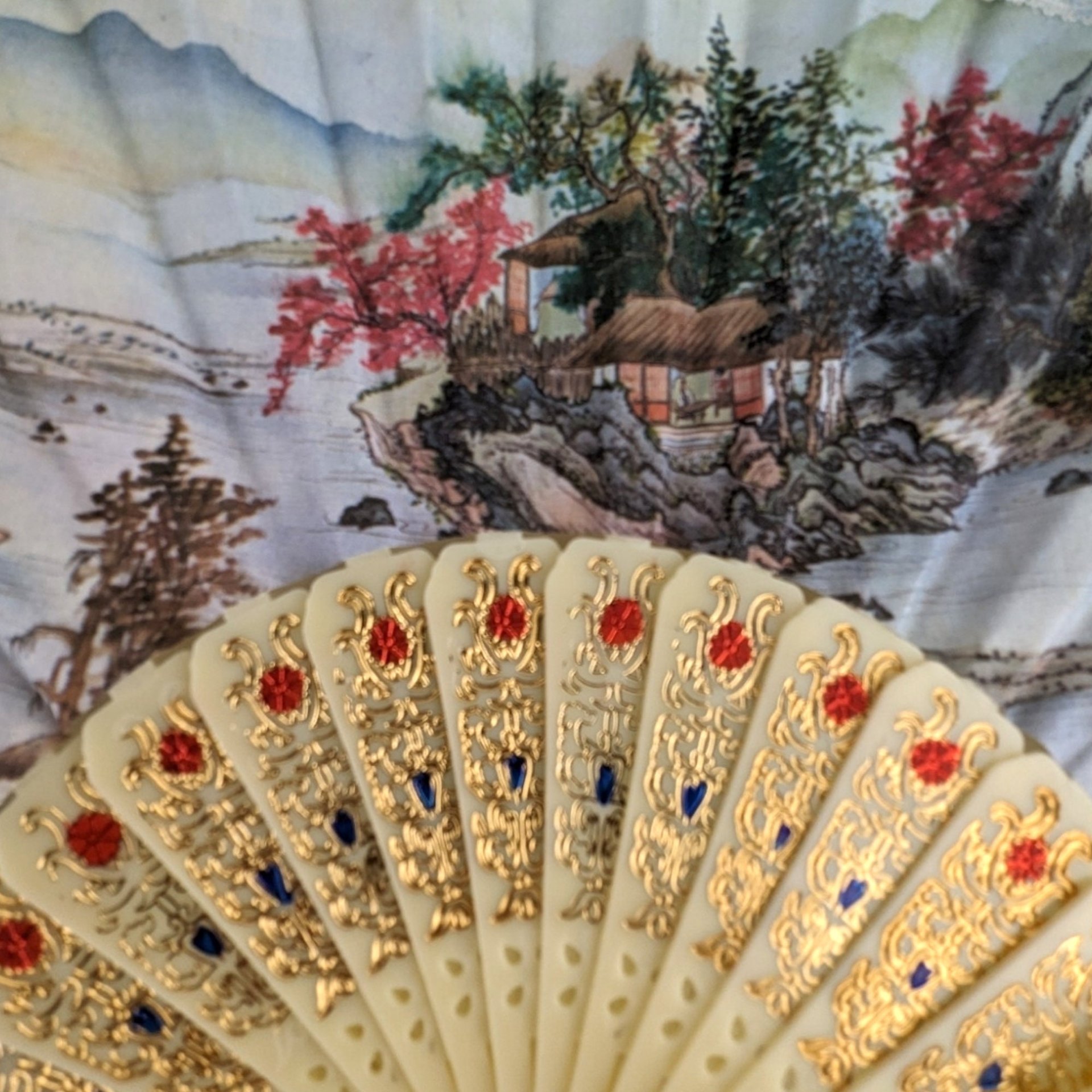 Vintage Tian Shiang Fabric Printed Scenery Scent Folding Fan