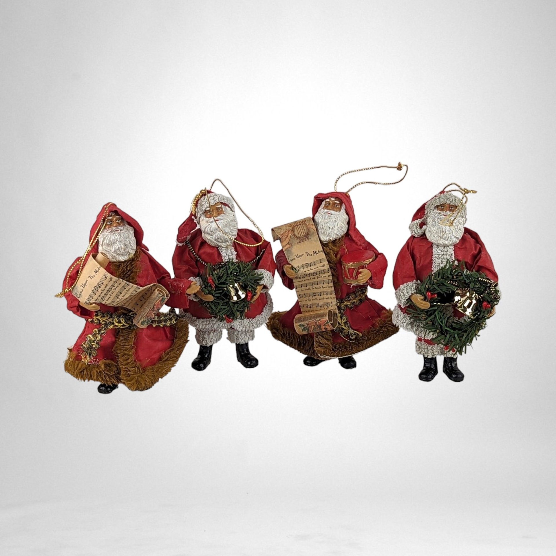 Set of 4 Vintage Paper Mache Santa Ornaments: Nostalgic Holiday Decor
