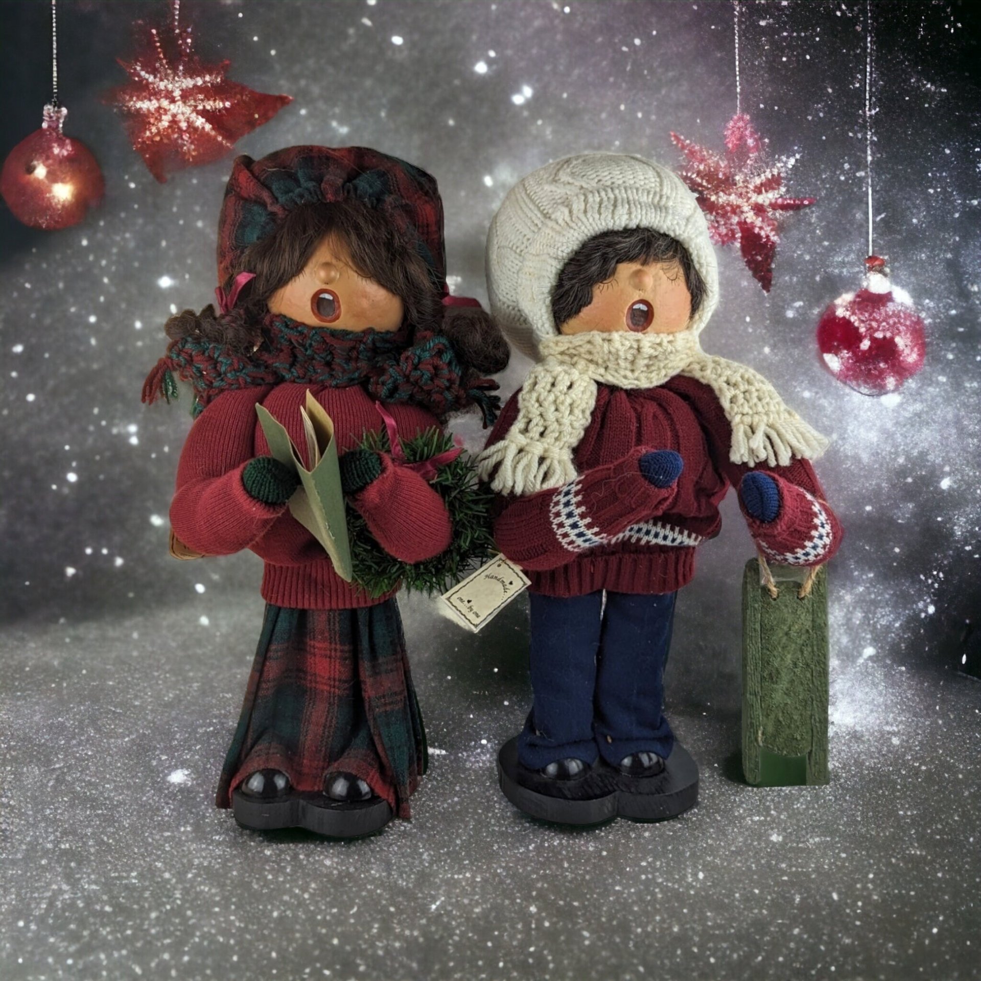Pair of Handmade 19" Dolls Unlimited Carolers: Charming Artistry for Festive Decor
