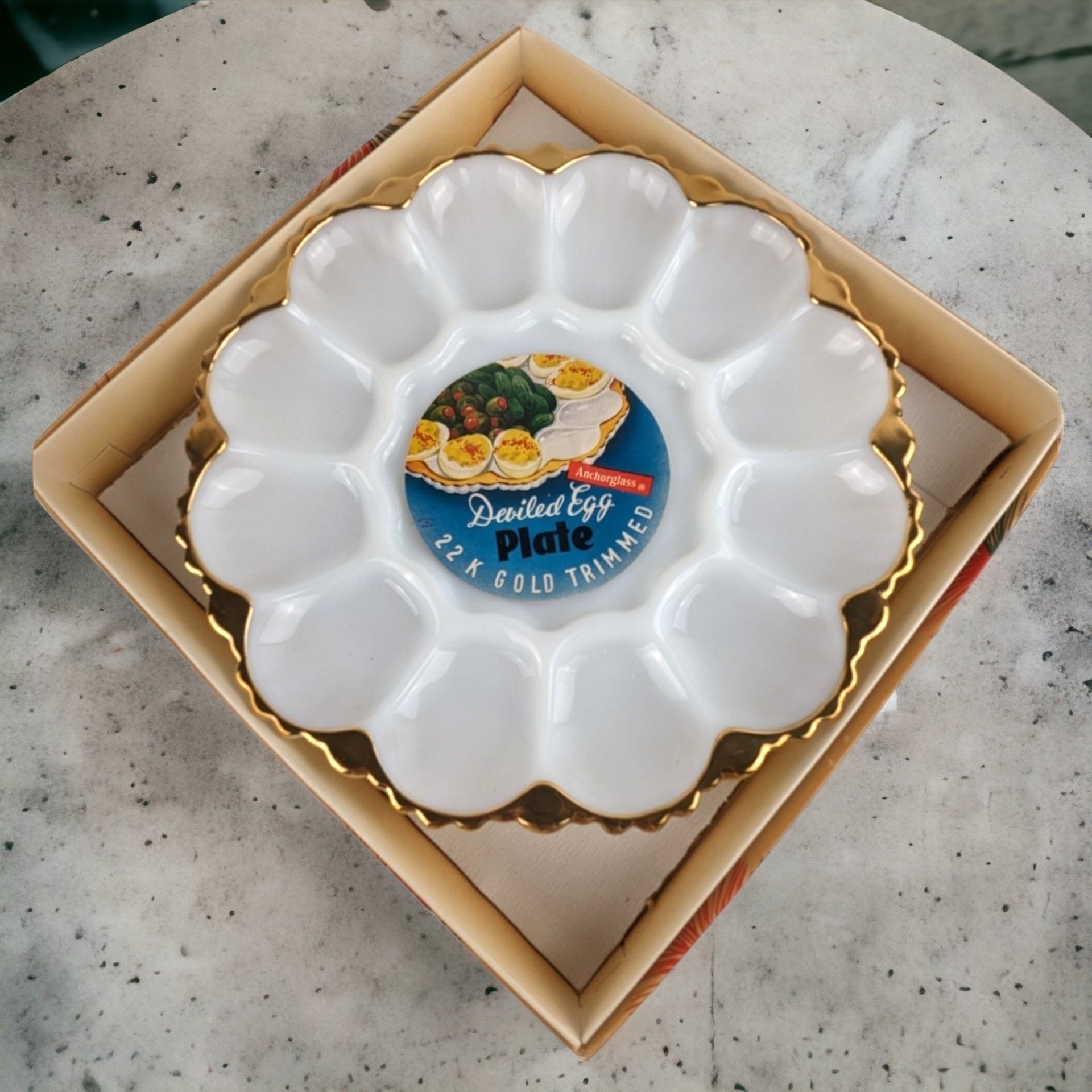 Vintage Anchorglass Deviled Egg Tray with Gold Trim - Elegant Serving for Classic Delights!