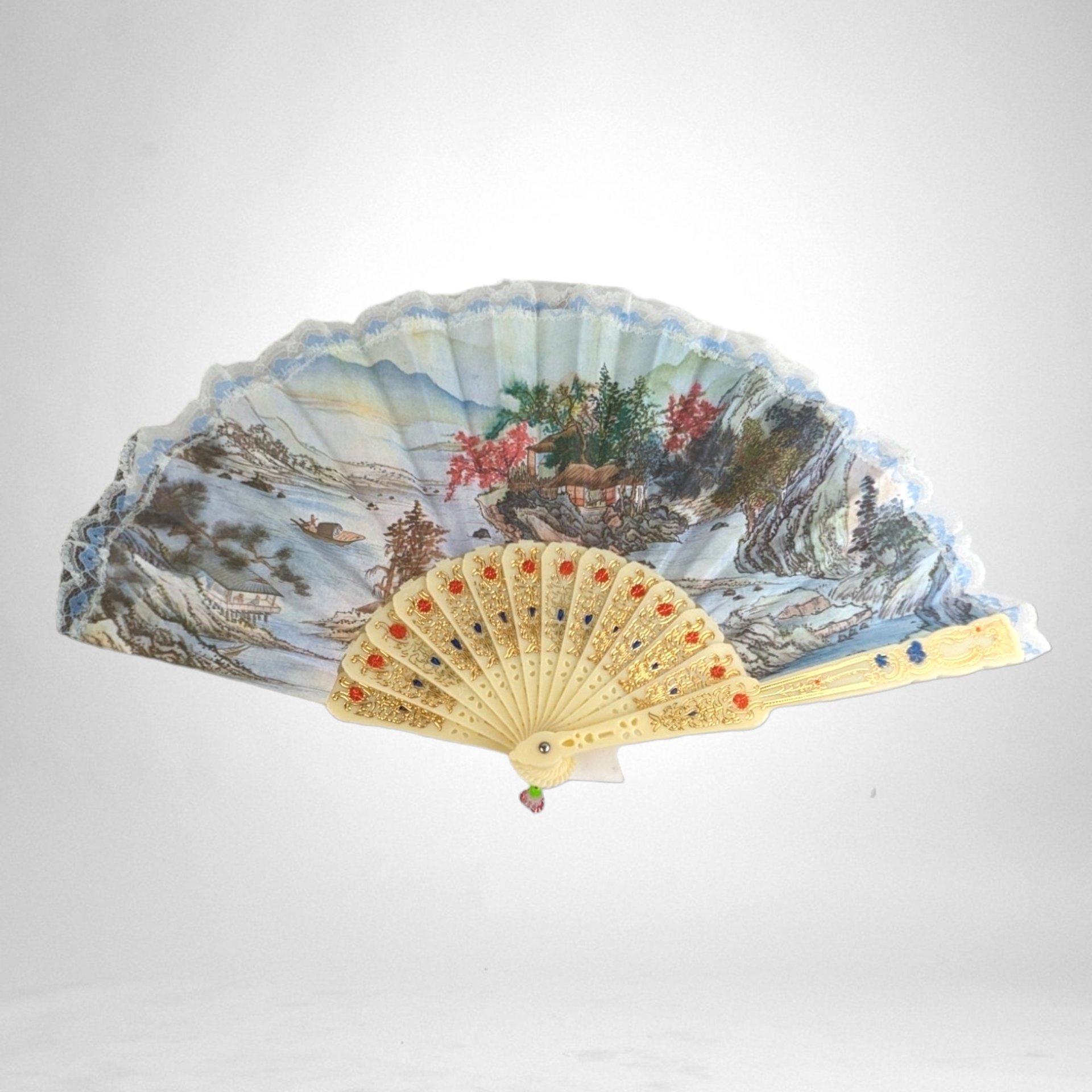Vintage Tian Shiang Fabric Printed Scenery Scent Folding Fan