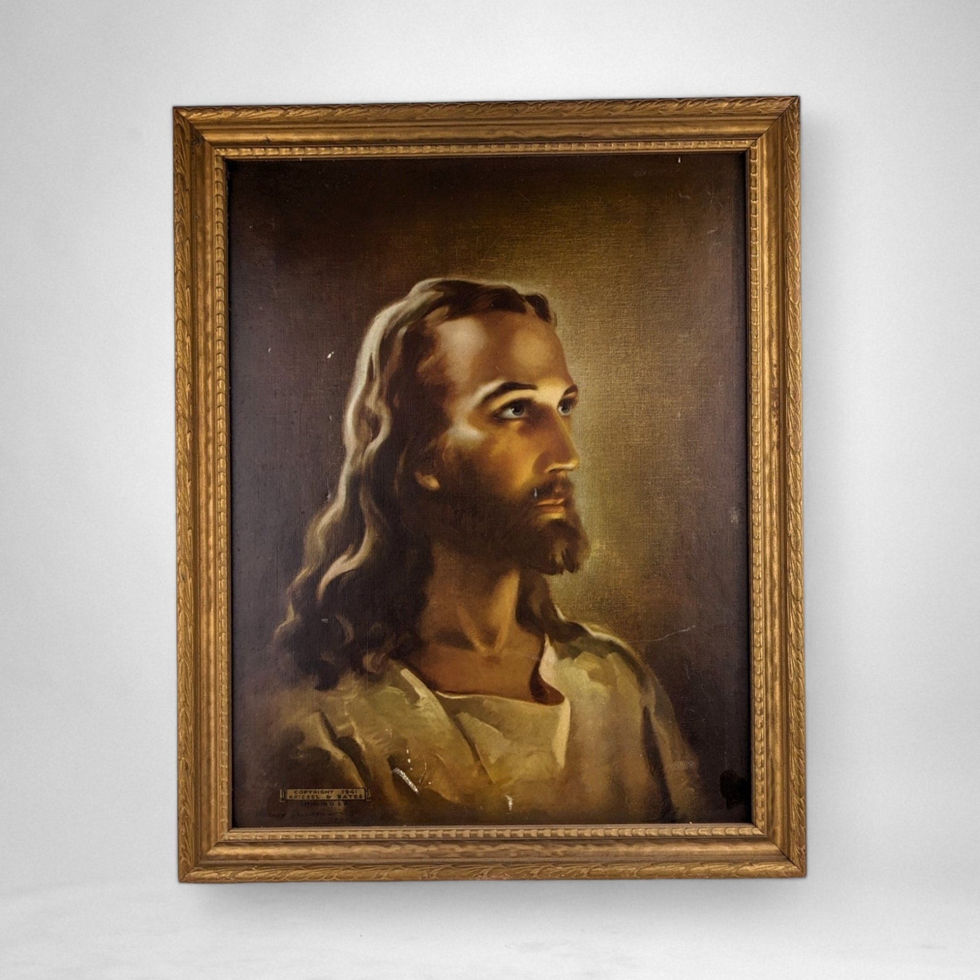 1941 Head of Christ Kriebel & Bates Lithograph – Vintage Spiritual Artistry and Timeless Reverence