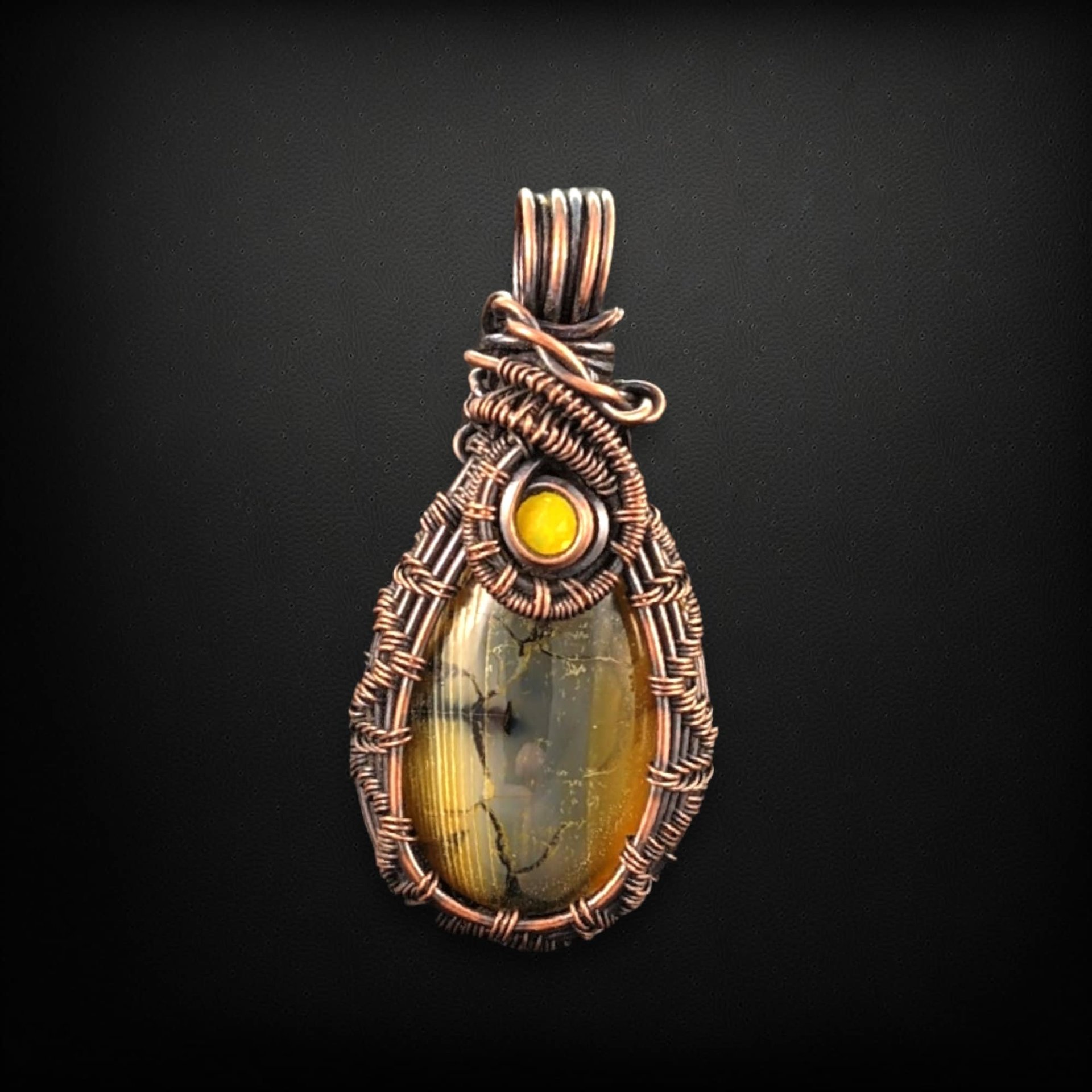 Handmade Copper Wire Wrapped Dragon Vein Agate Pendant | Yellow Accent | Unique Gift | Oxidized Copper | Gemstone Pendant