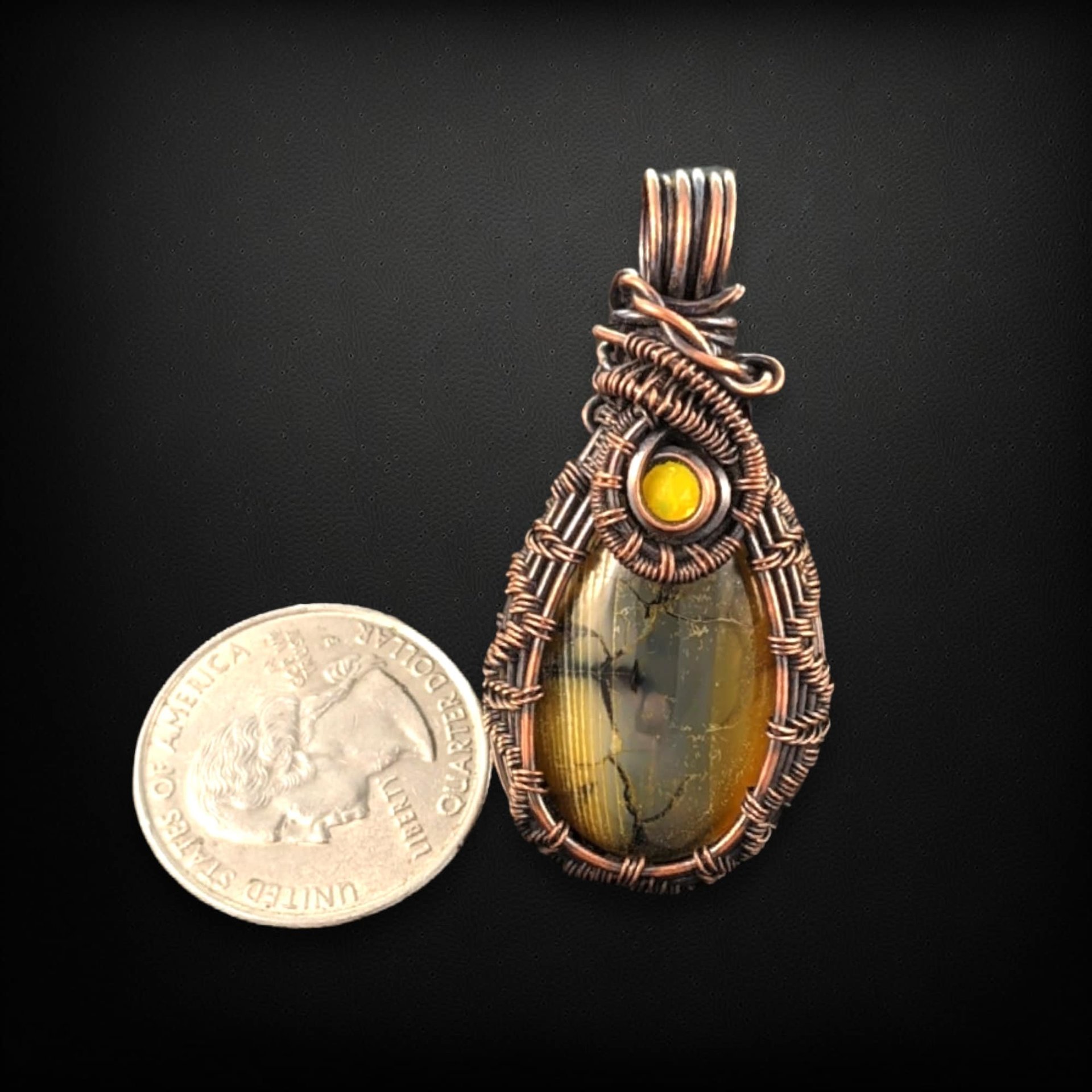 Handmade Copper Wire Wrapped Dragon Vein Agate Pendant | Yellow Accent | Unique Gift | Oxidized Copper | Gemstone Pendant