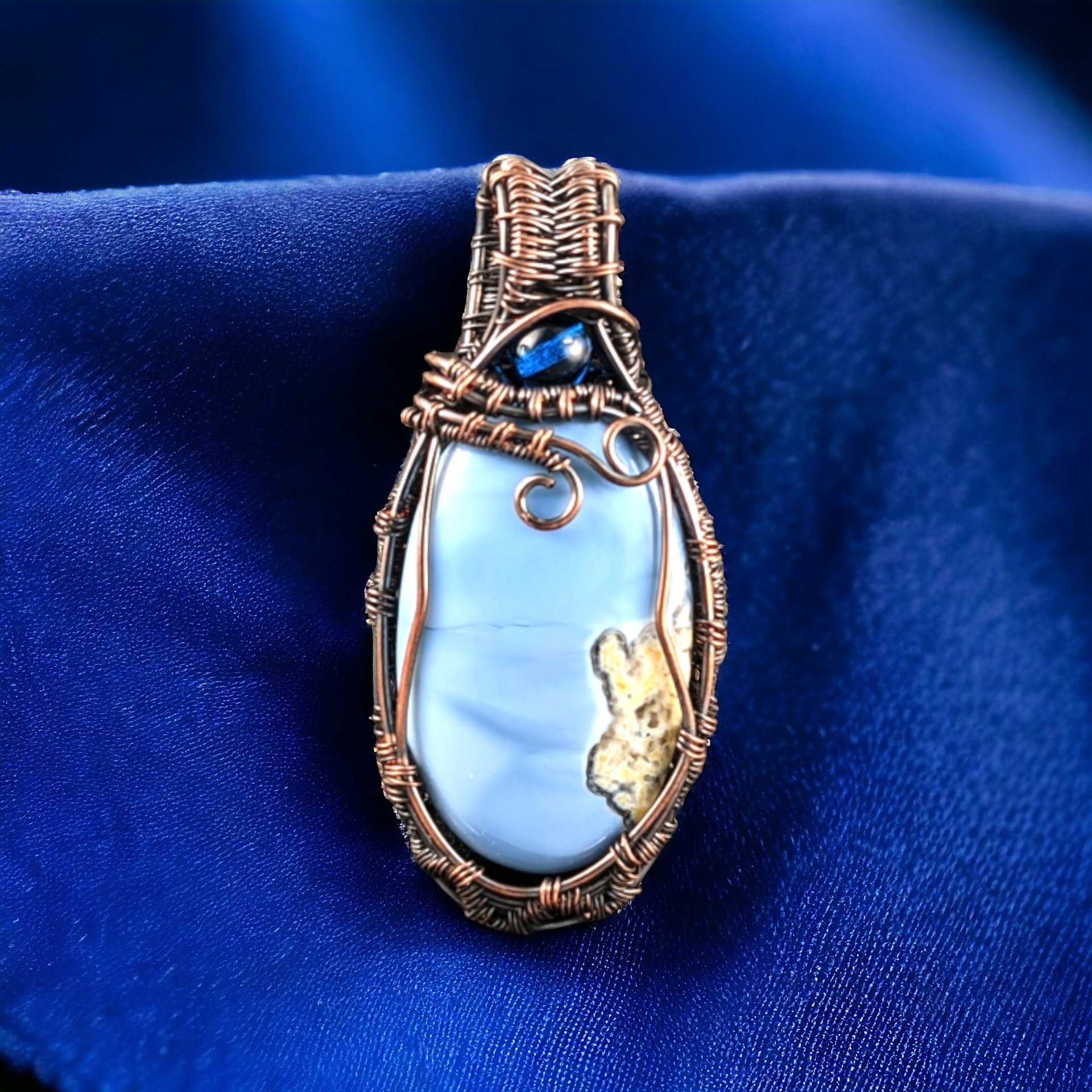 Handmade Copper Wire Wrapped Blue Opal Pendant | Oxidized Copper Jewelry | Blue Opal Cabochon | Unique Gift for Women |  Boho Pendant