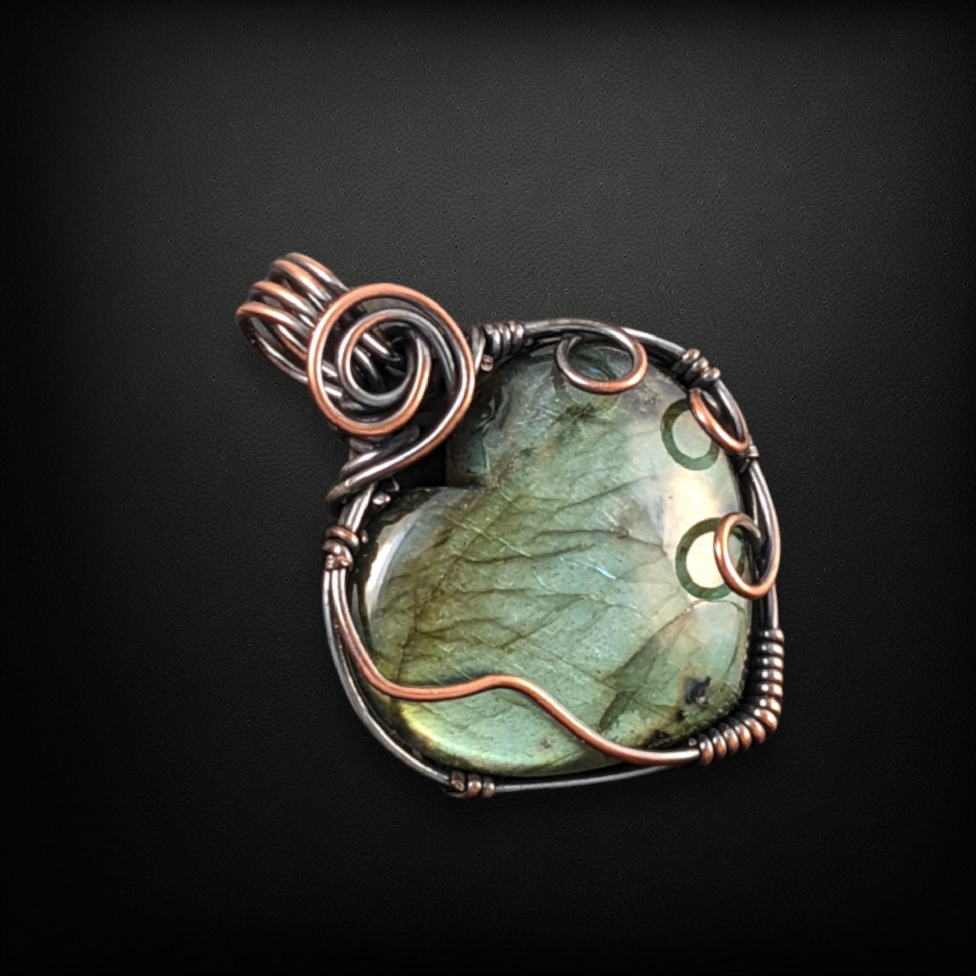 Handmade Copper Wire Wrapped Heart Shaped Labradorite Pendant