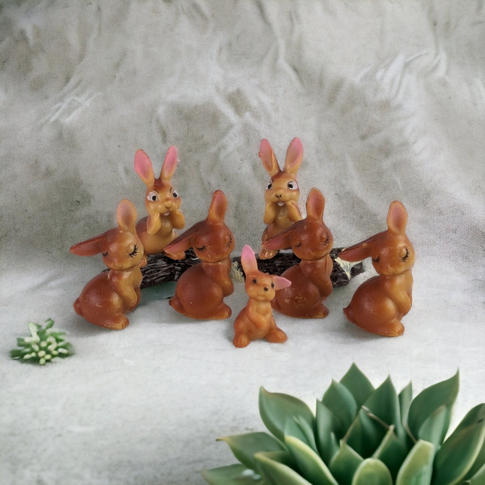Set of 7 Vintage Hard Plastic Bunny Figures