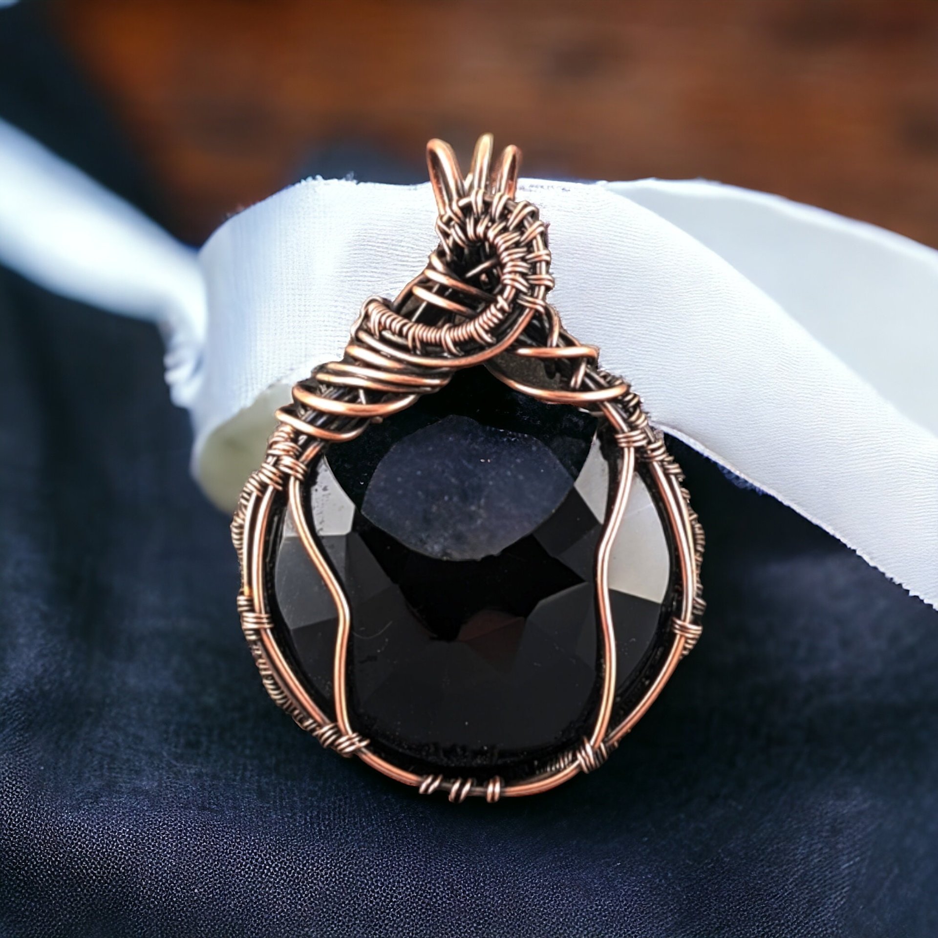 Handcrafted Copper Wire Wrapped Black Onyx Pendant