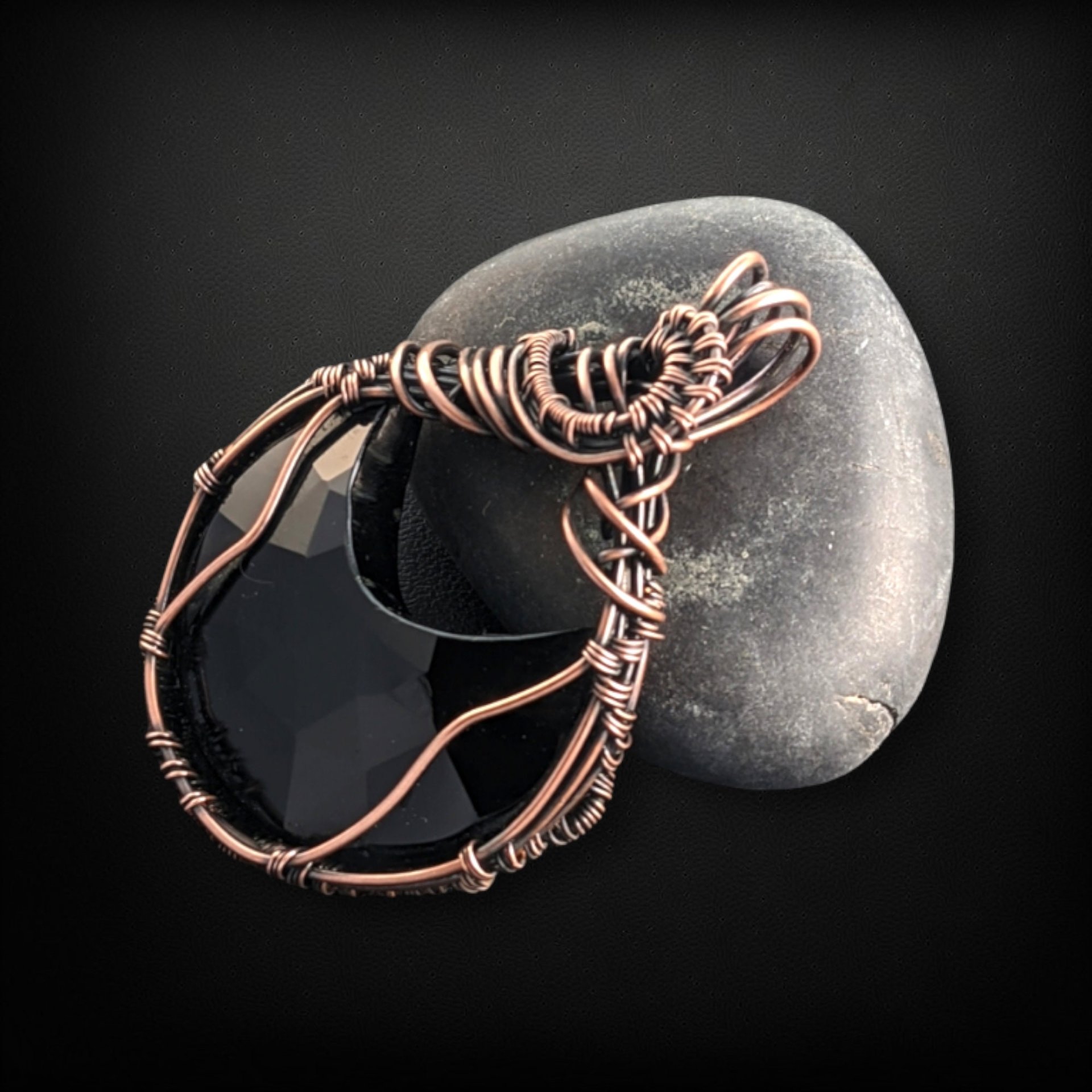 Handcrafted Copper Wire Wrapped Black Onyx Pendant