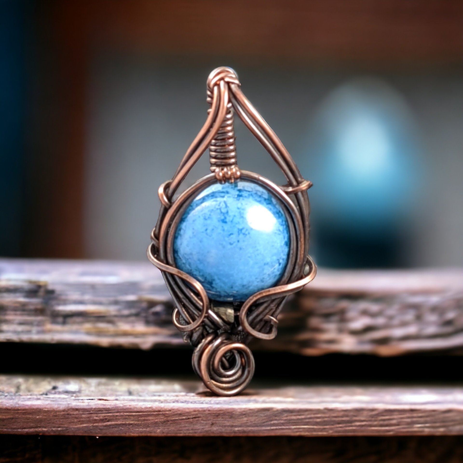 Handmade Copper Wire Wrapped Blue Czech Glass Pendant, Unique Artisan Jewelry, Handmade Gift Idea