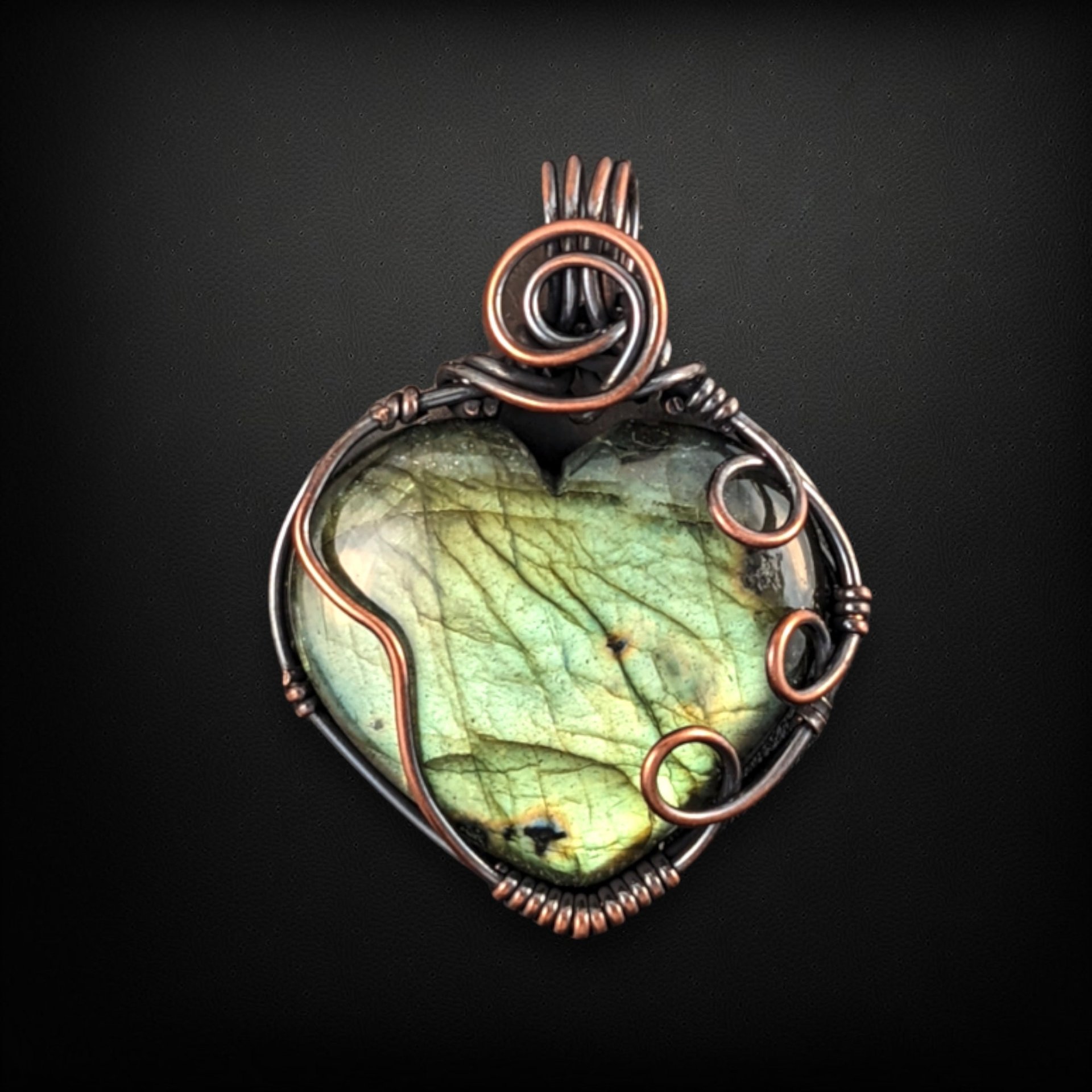 Handmade Copper Wire Wrapped Heart Shaped Labradorite Pendant