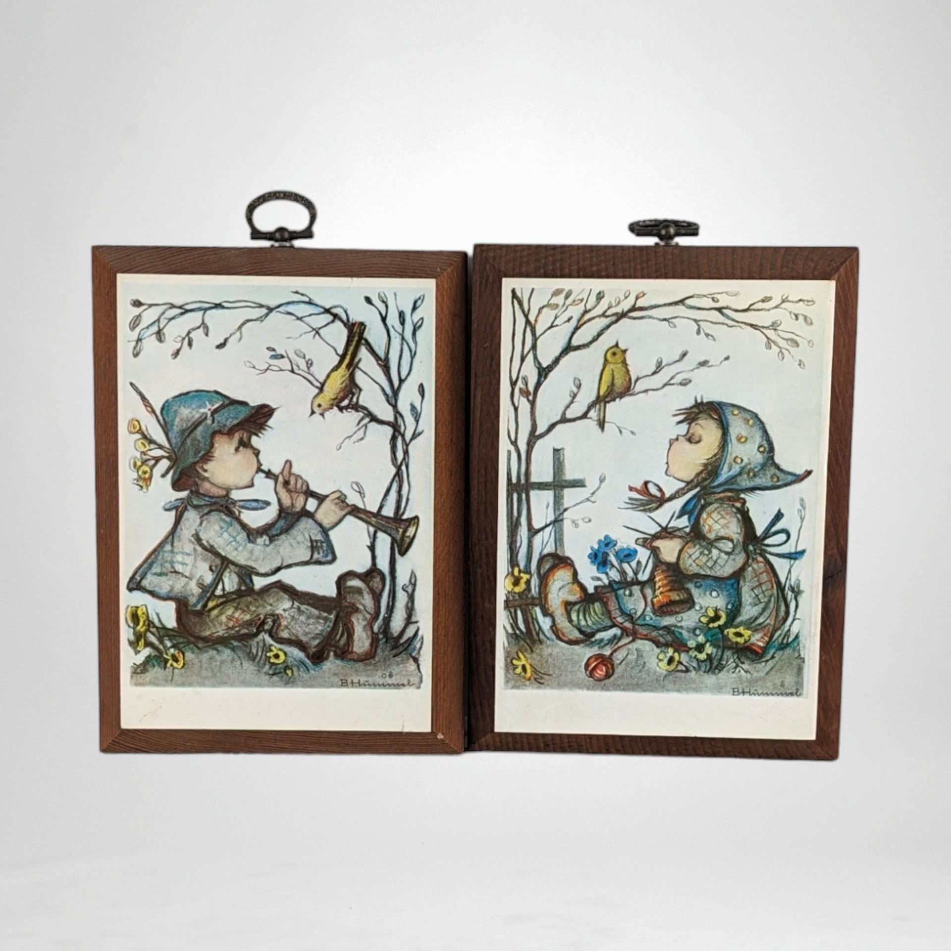 Pair of Vintage 1981 ARS Hummel Prints on Wood Wall Hangings | Charming Children's Artwork