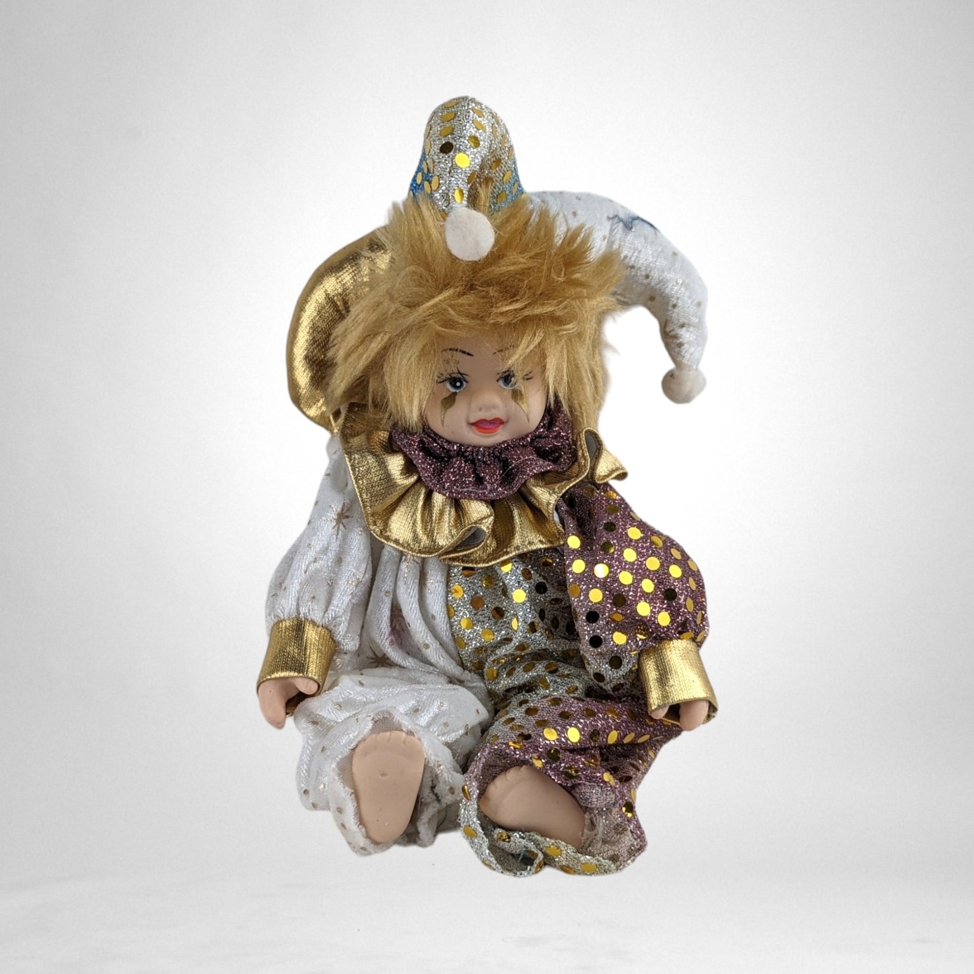 Vintage White and Gold 8" Porcelain Baby Jester Doll