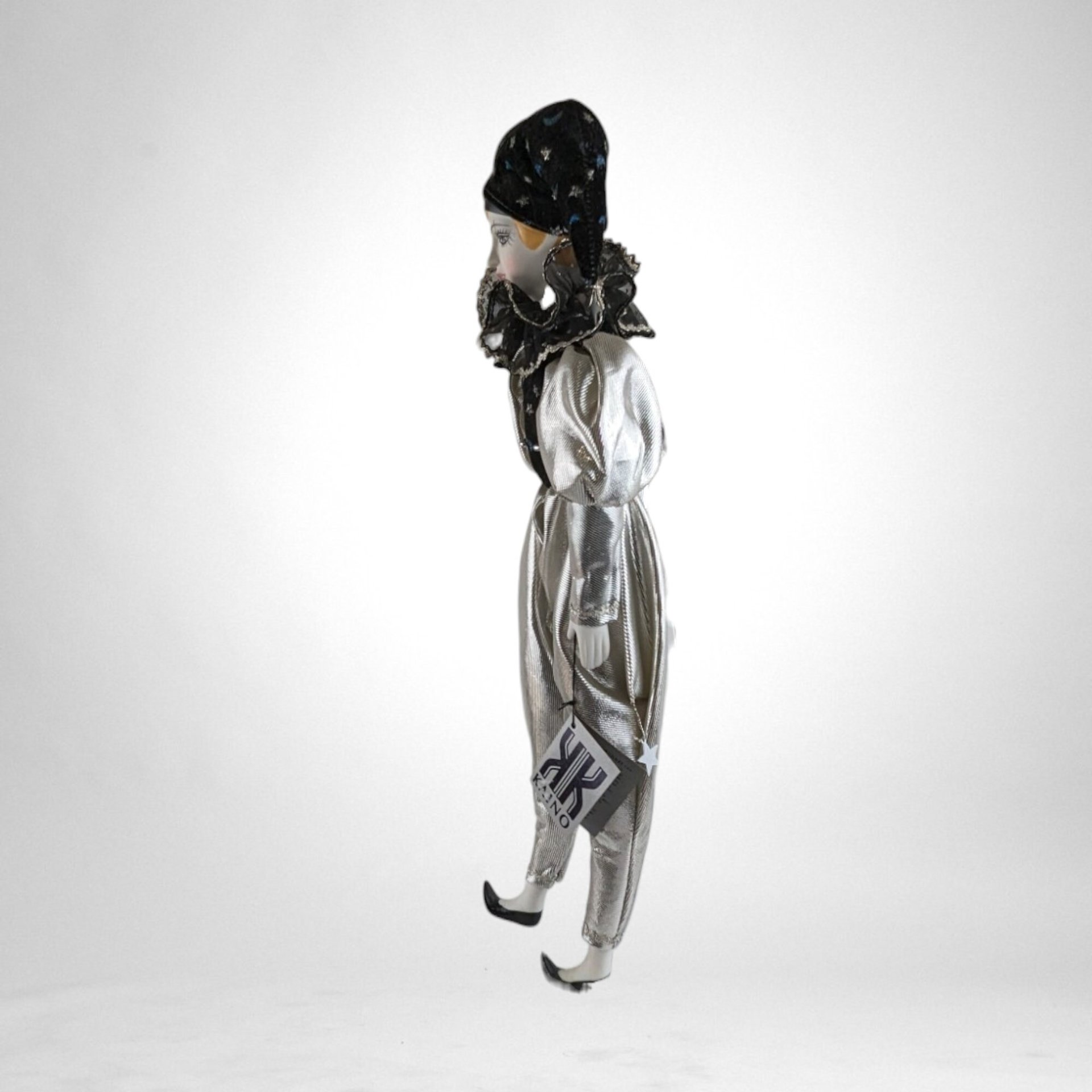 Vintage Silver and Black 17" Harlequin Pierrot Jester Doll