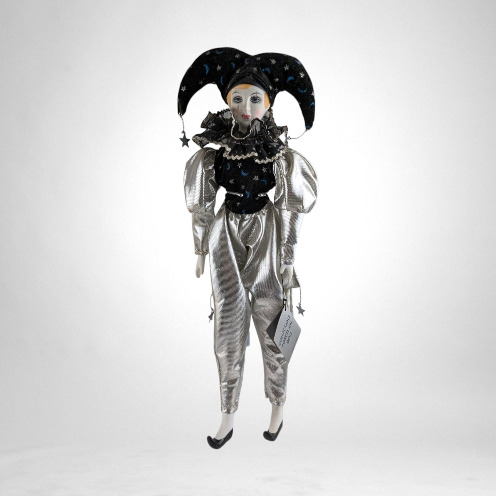Vintage Silver and Black 17" Harlequin Pierrot Jester Doll