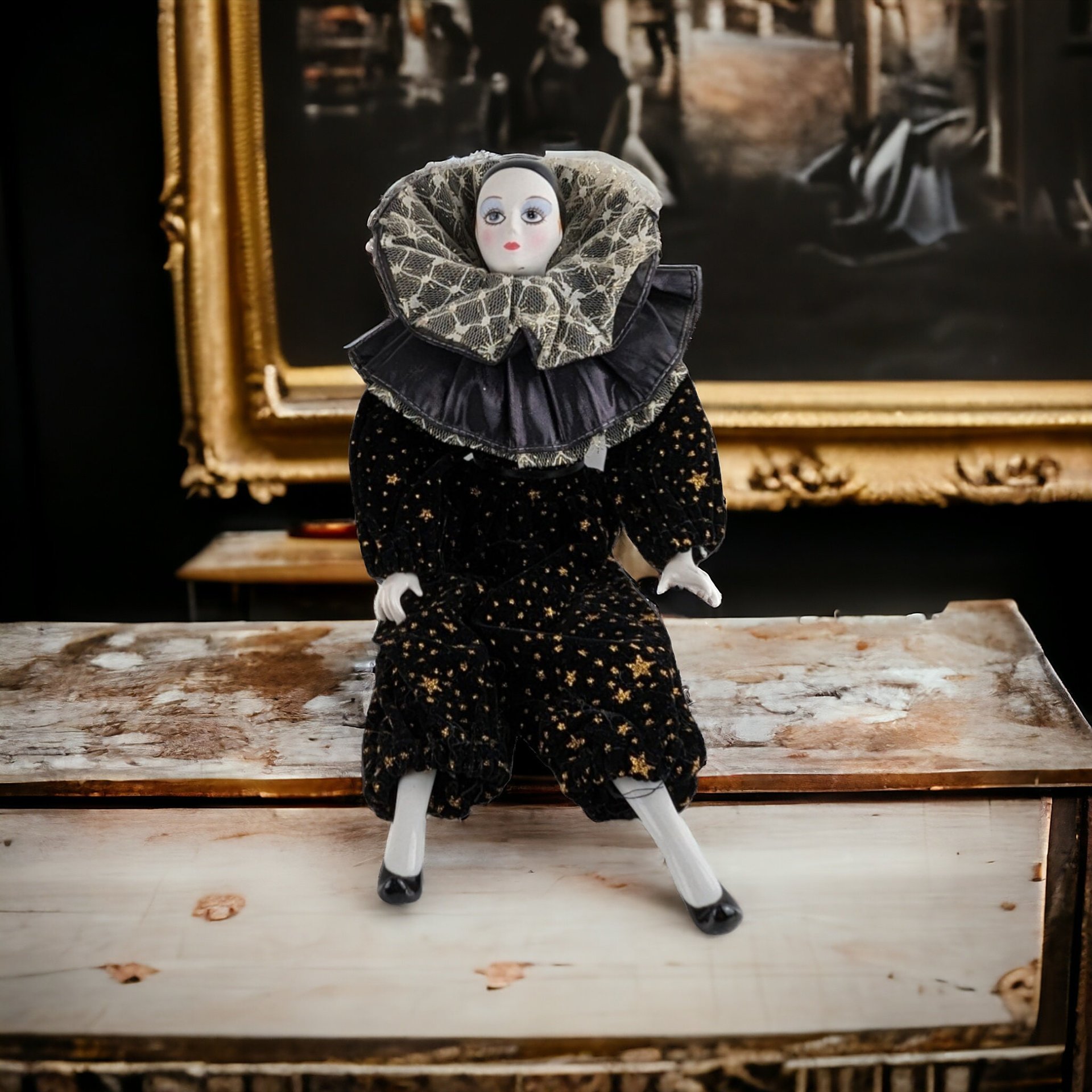 Vintage 14" Porcelain Harlequin Clown Doll, Black Clothes with Stars