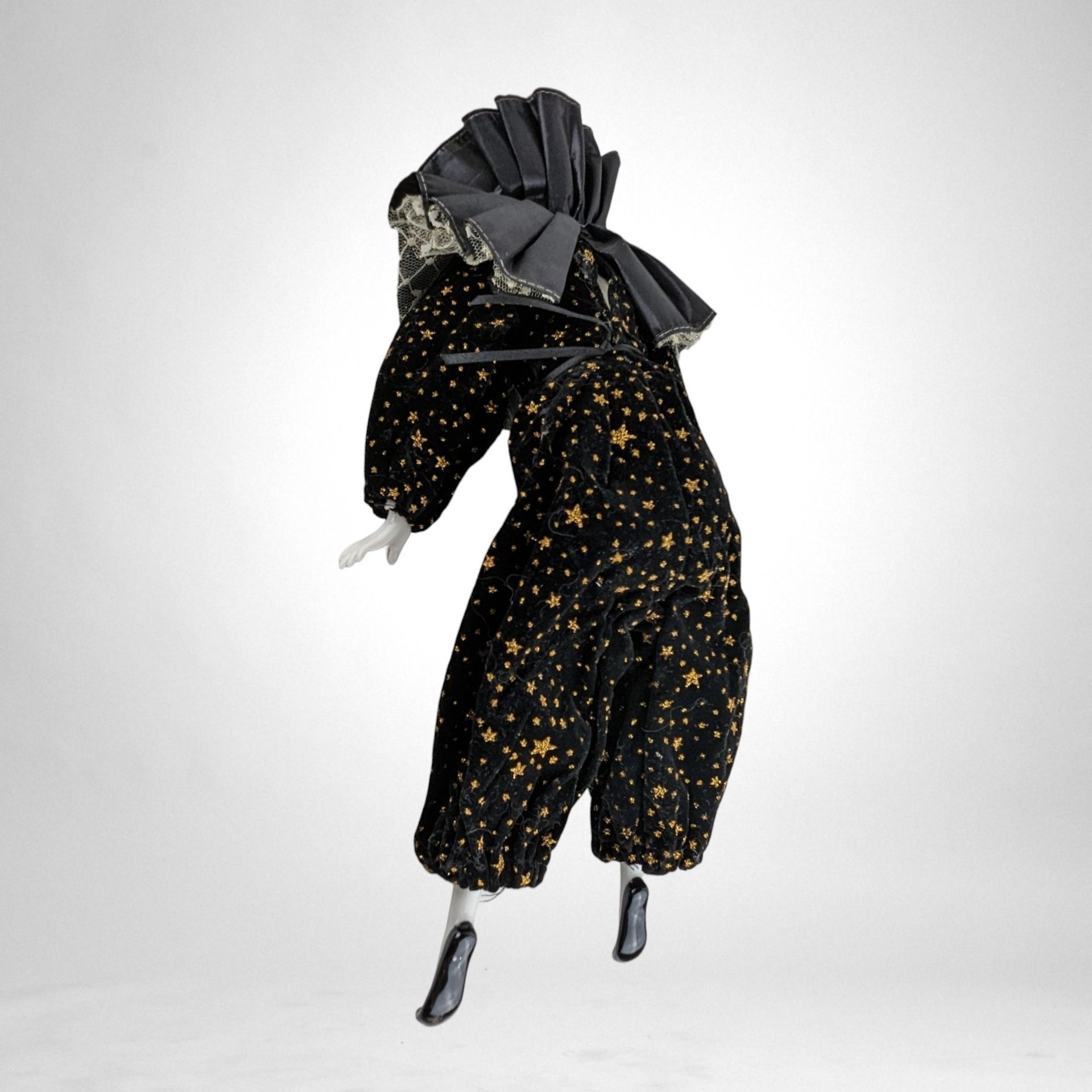 Vintage 14" Porcelain Harlequin Clown Doll, Black Clothes with Stars