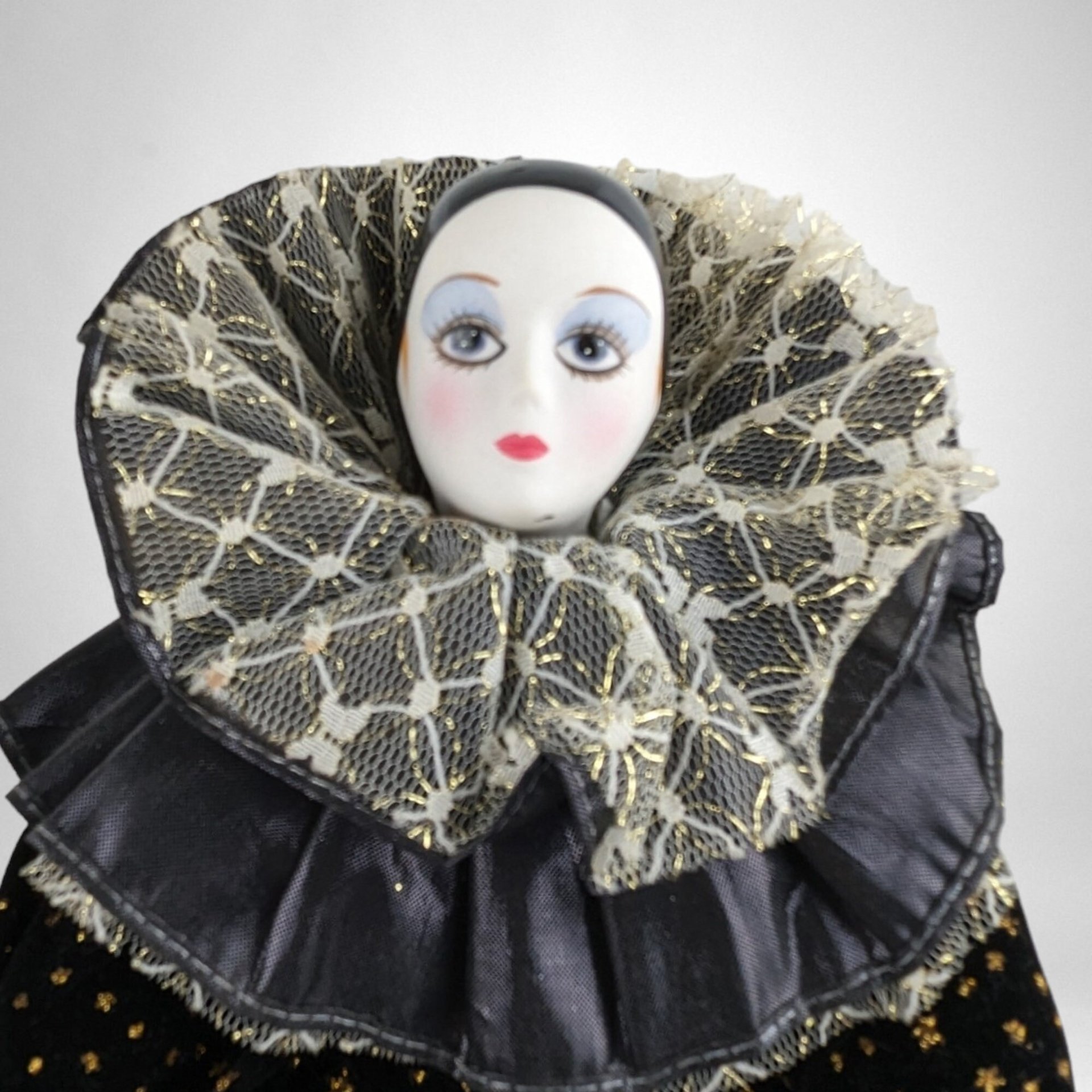 Vintage 14" Porcelain Harlequin Clown Doll, Black Clothes with Stars