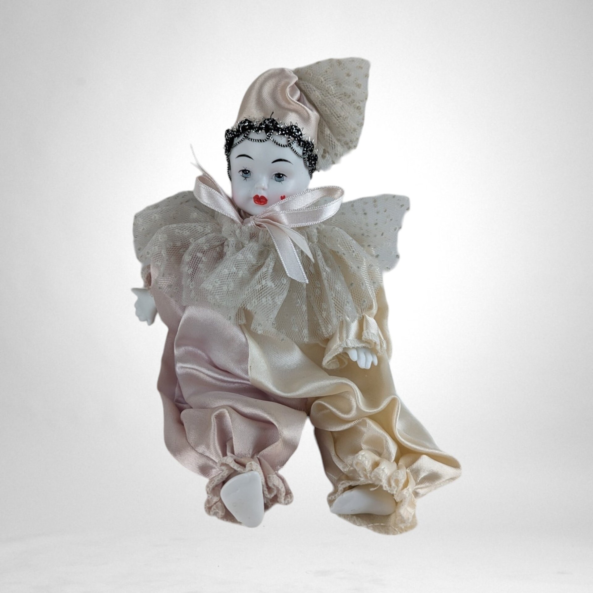 Vintage 8" Kingstate Porcelain Harlequin Clown Doll, Heart on Cheek