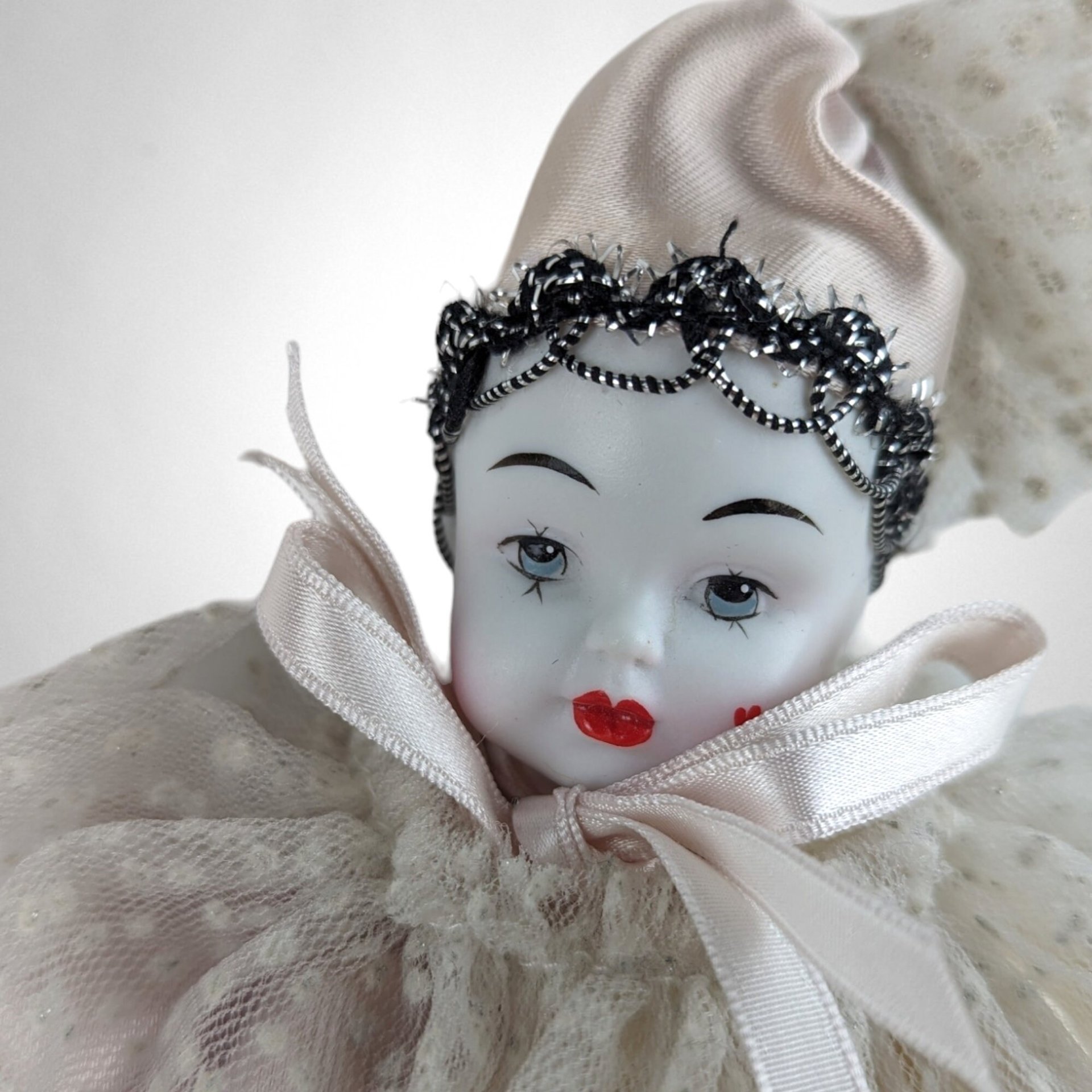 Vintage 8" Kingstate Porcelain Harlequin Clown Doll, Heart on Cheek