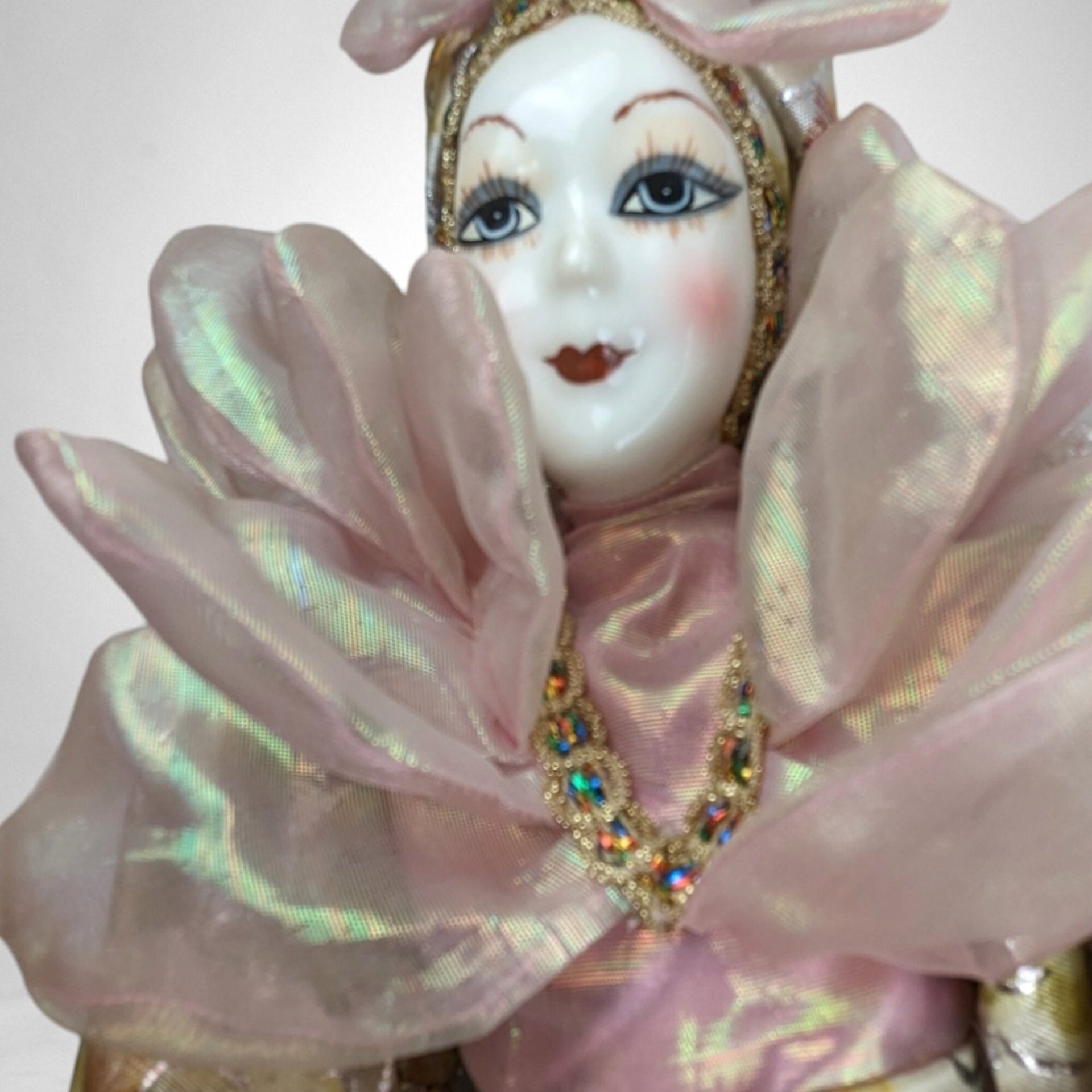 Vintage Showstopper 17" Porcelain Harlequin Clown Doll, Pink