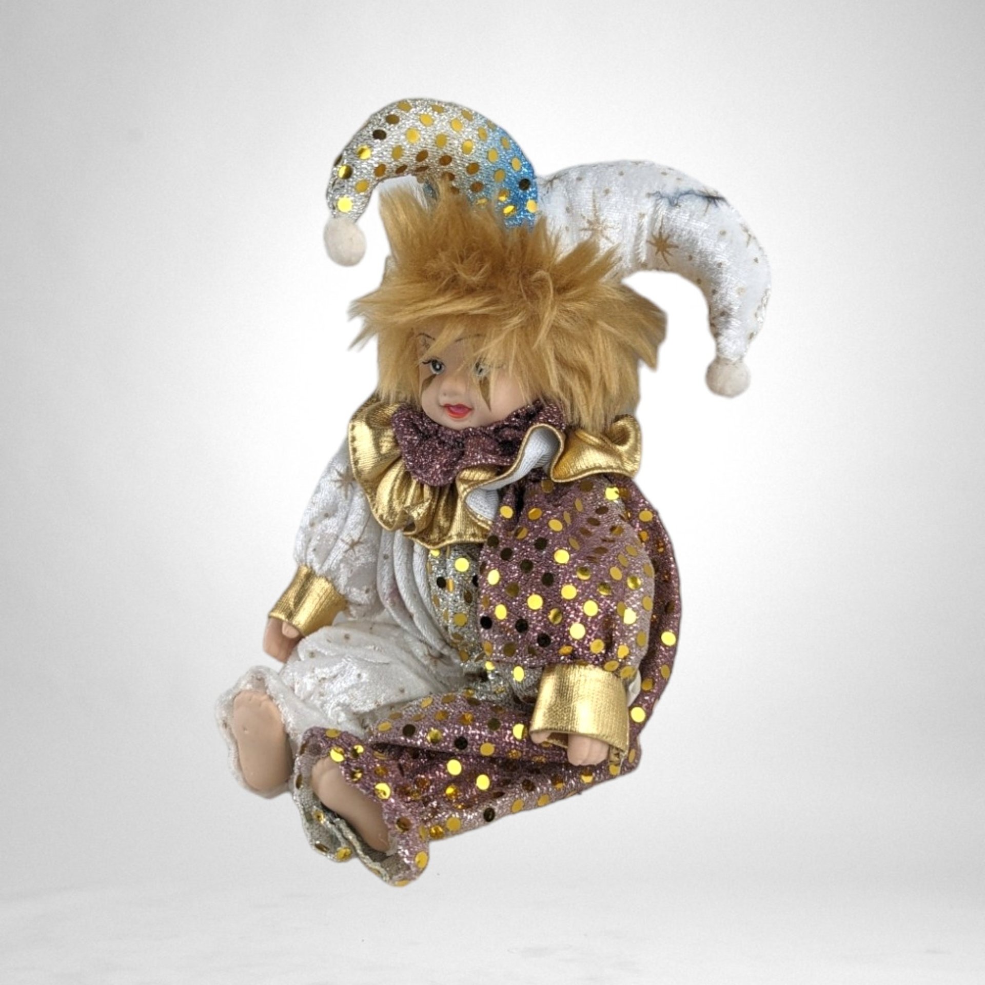 Vintage White and Gold 8" Porcelain Baby Jester Doll