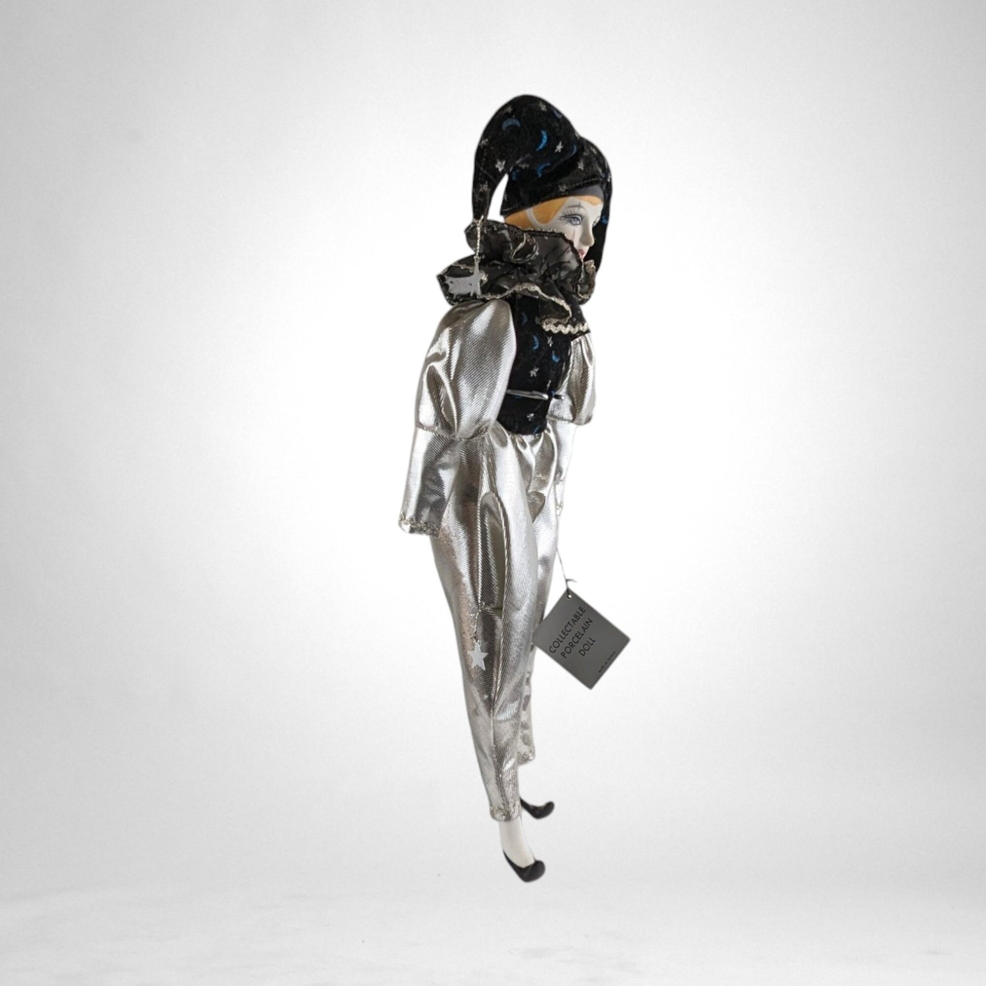 Vintage Silver and Black 17" Harlequin Pierrot Jester Doll