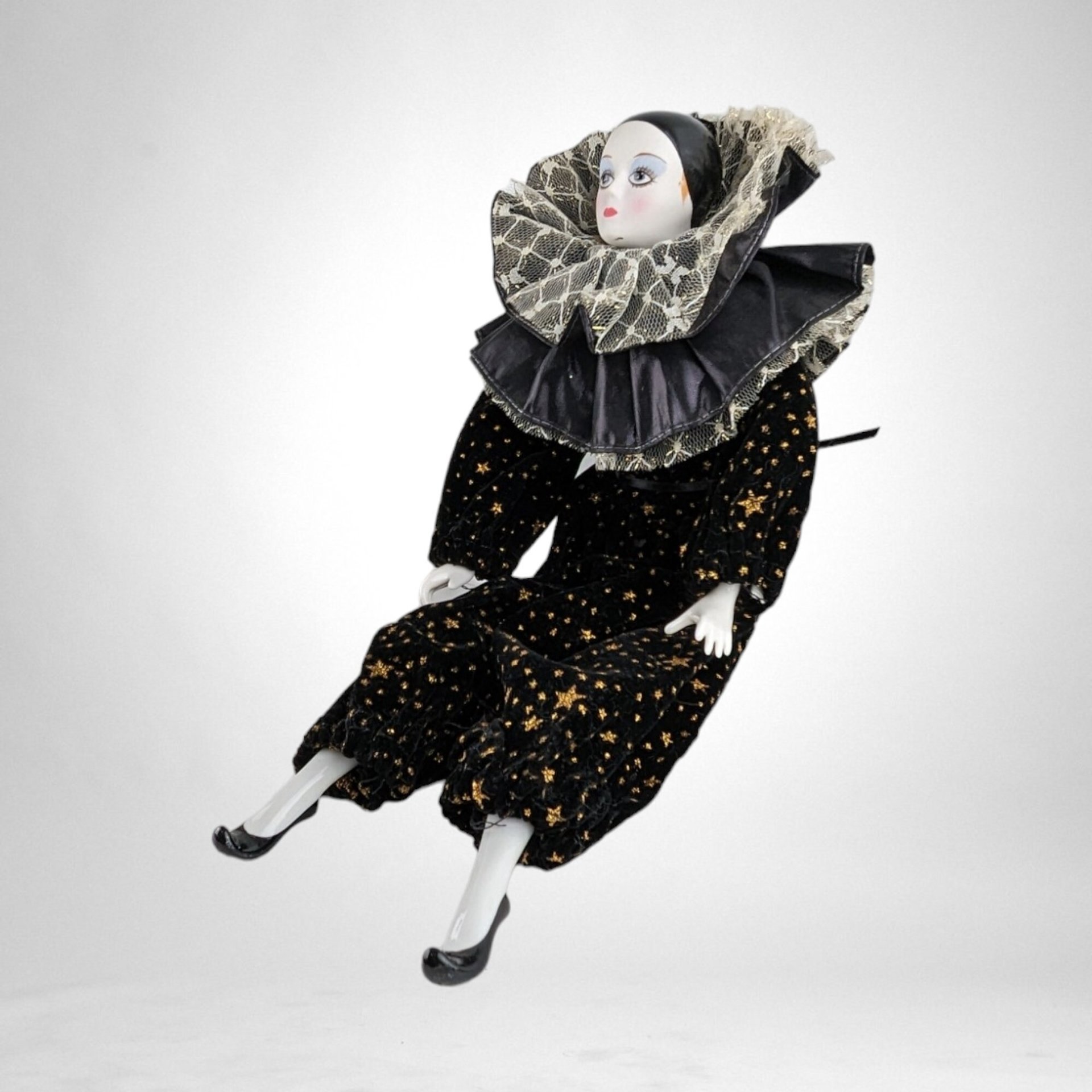 Vintage 14" Porcelain Harlequin Clown Doll, Black Clothes with Stars