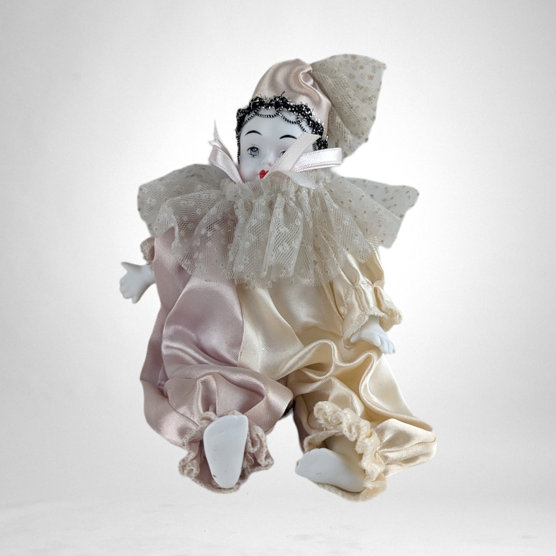 Vintage 8" Kingstate Porcelain Harlequin Clown Doll, Heart on Cheek