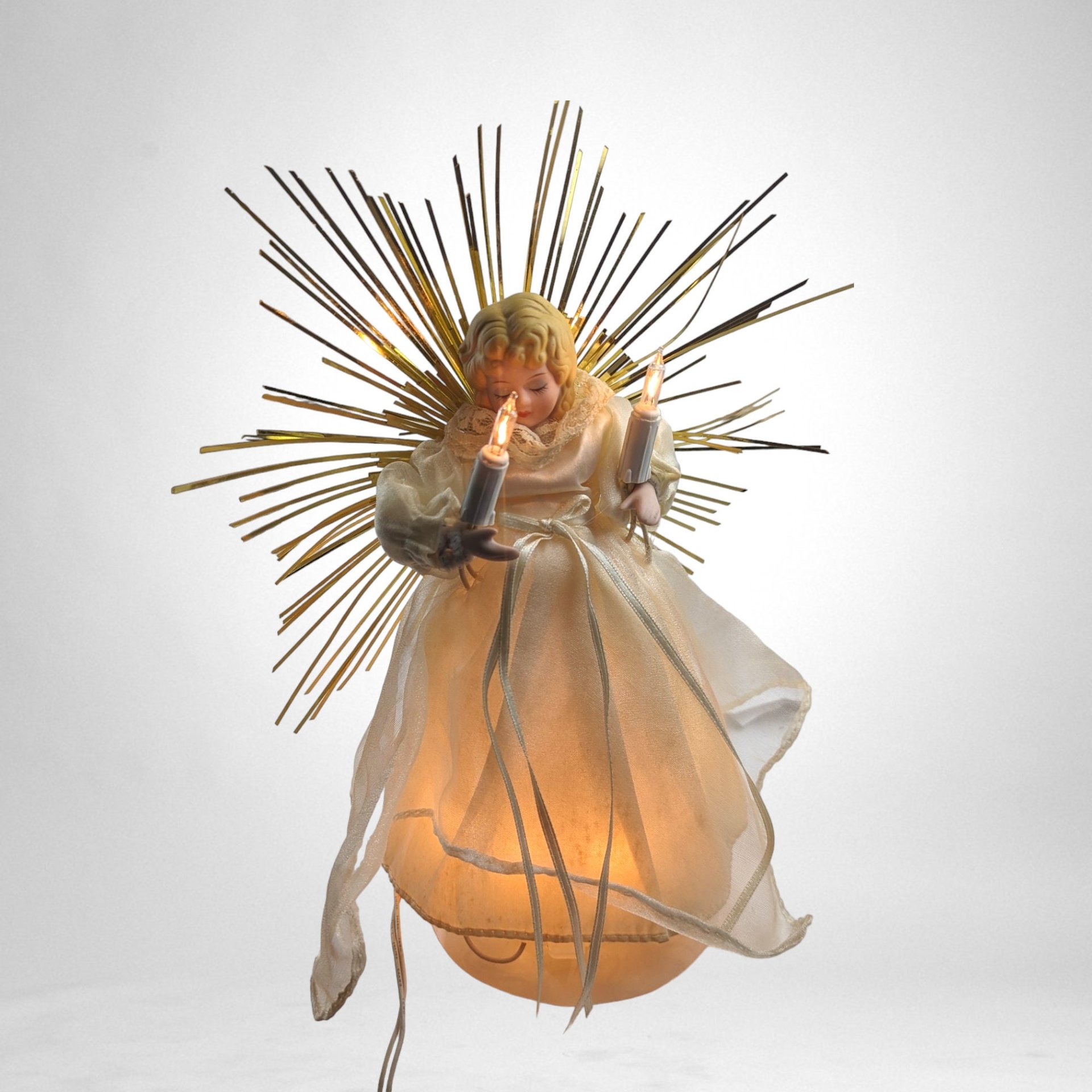 Vintage Light Up Ivory and Gold Angel Tree Topper | Illuminated Christmas Decor | Elegant Holiday Accent | Perfect Gift for Angel Collectors