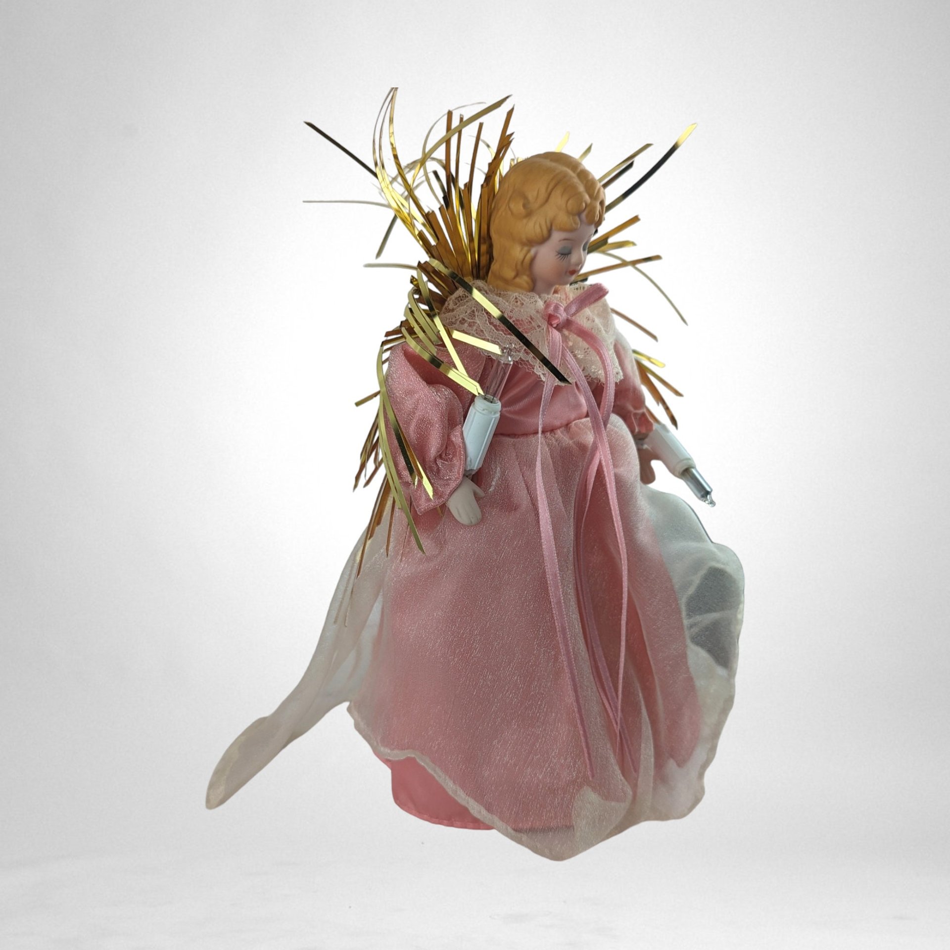 Vintage Light Up Angel Tree Topper in Pink and Gold