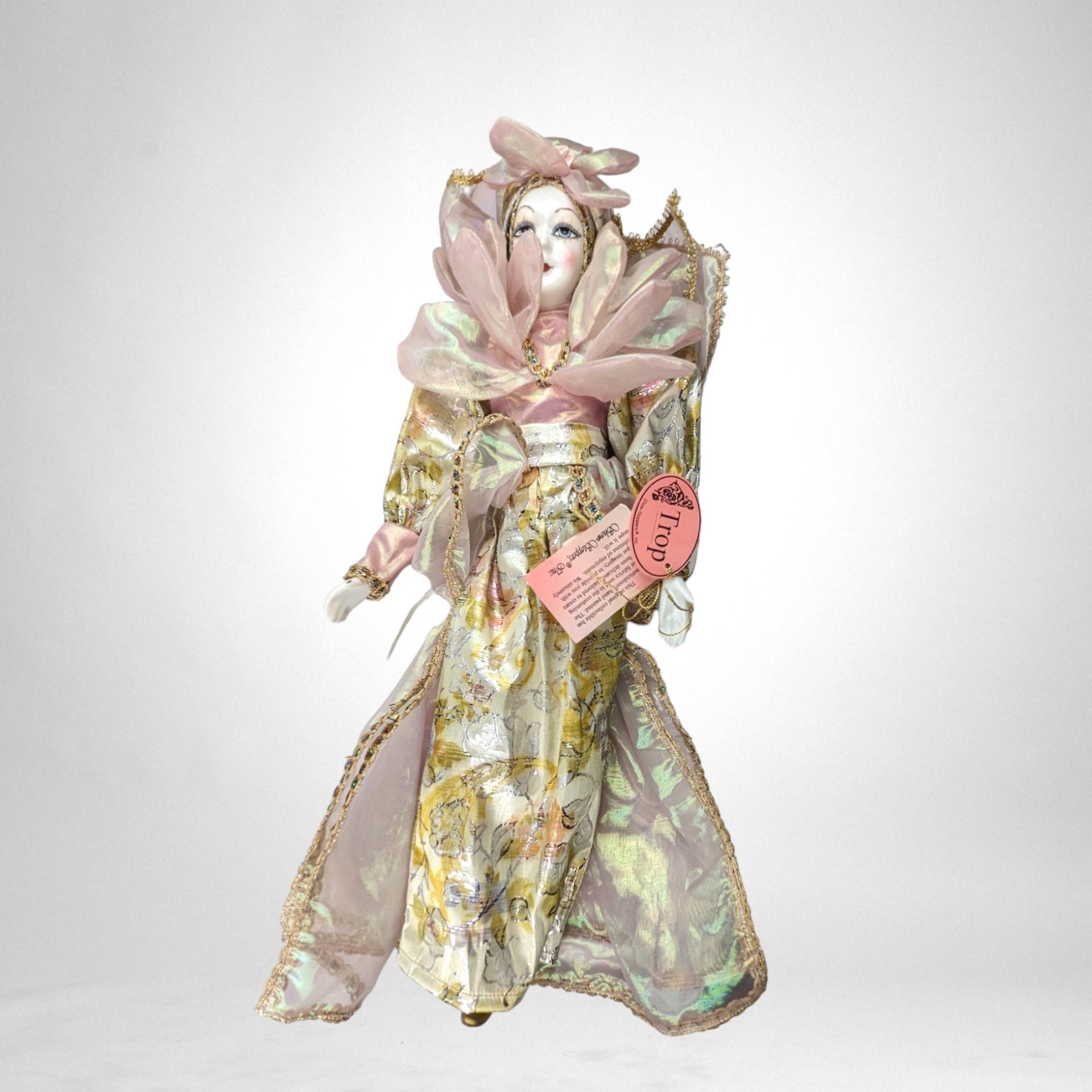 Vintage Showstopper 17" Porcelain Harlequin Clown Doll, Pink