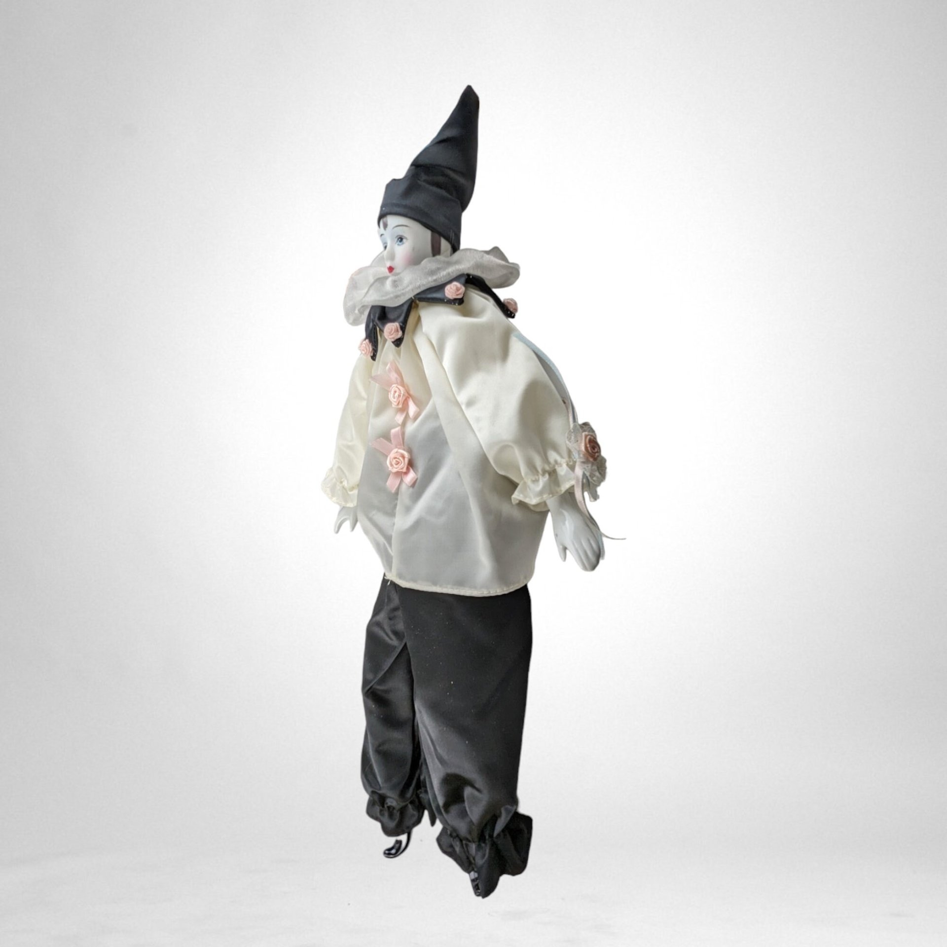 Vintage 19" Porcelain Harlequin Doll, Black and White with Pink Flowers