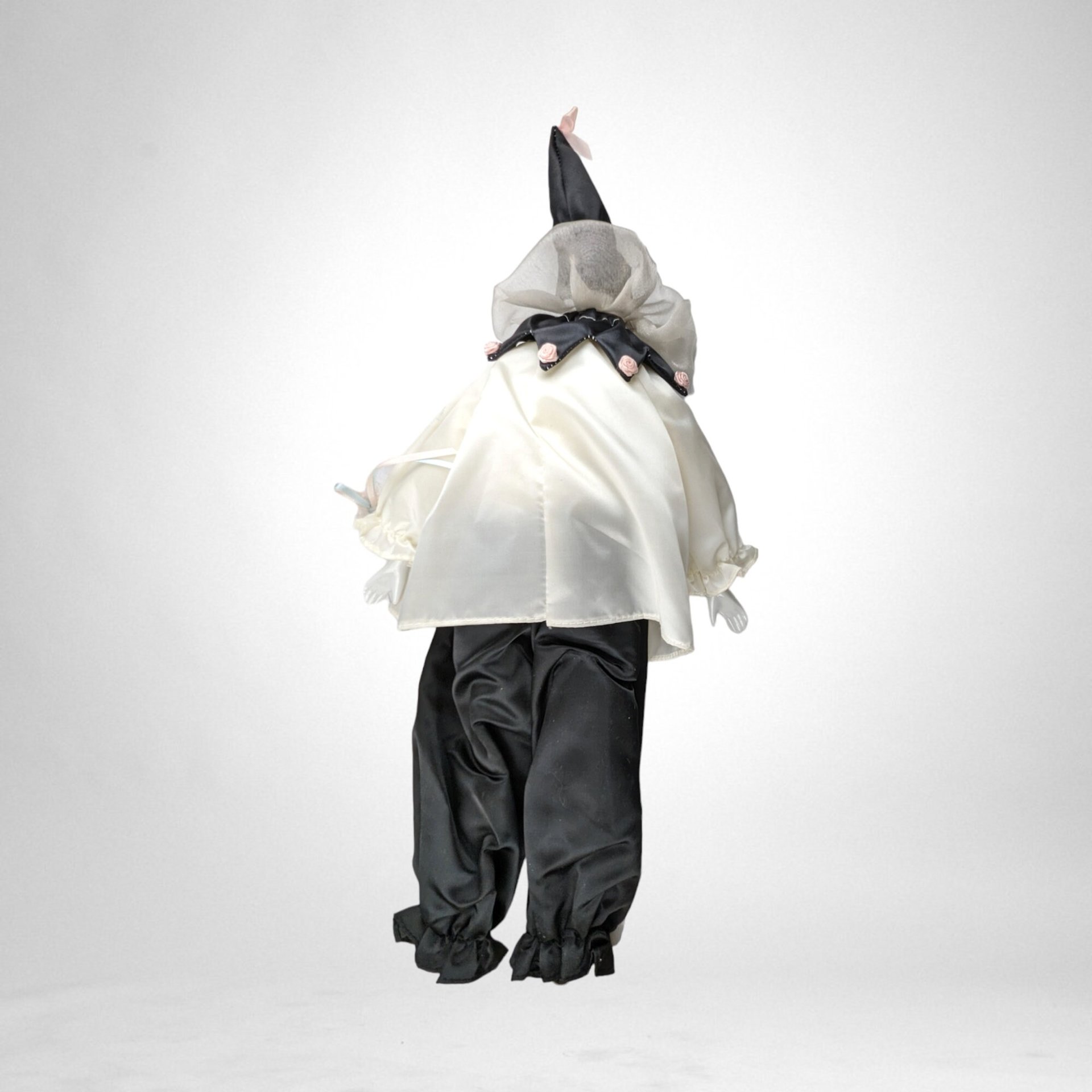 Vintage 19" Porcelain Harlequin Doll, Black and White with Pink Flowers