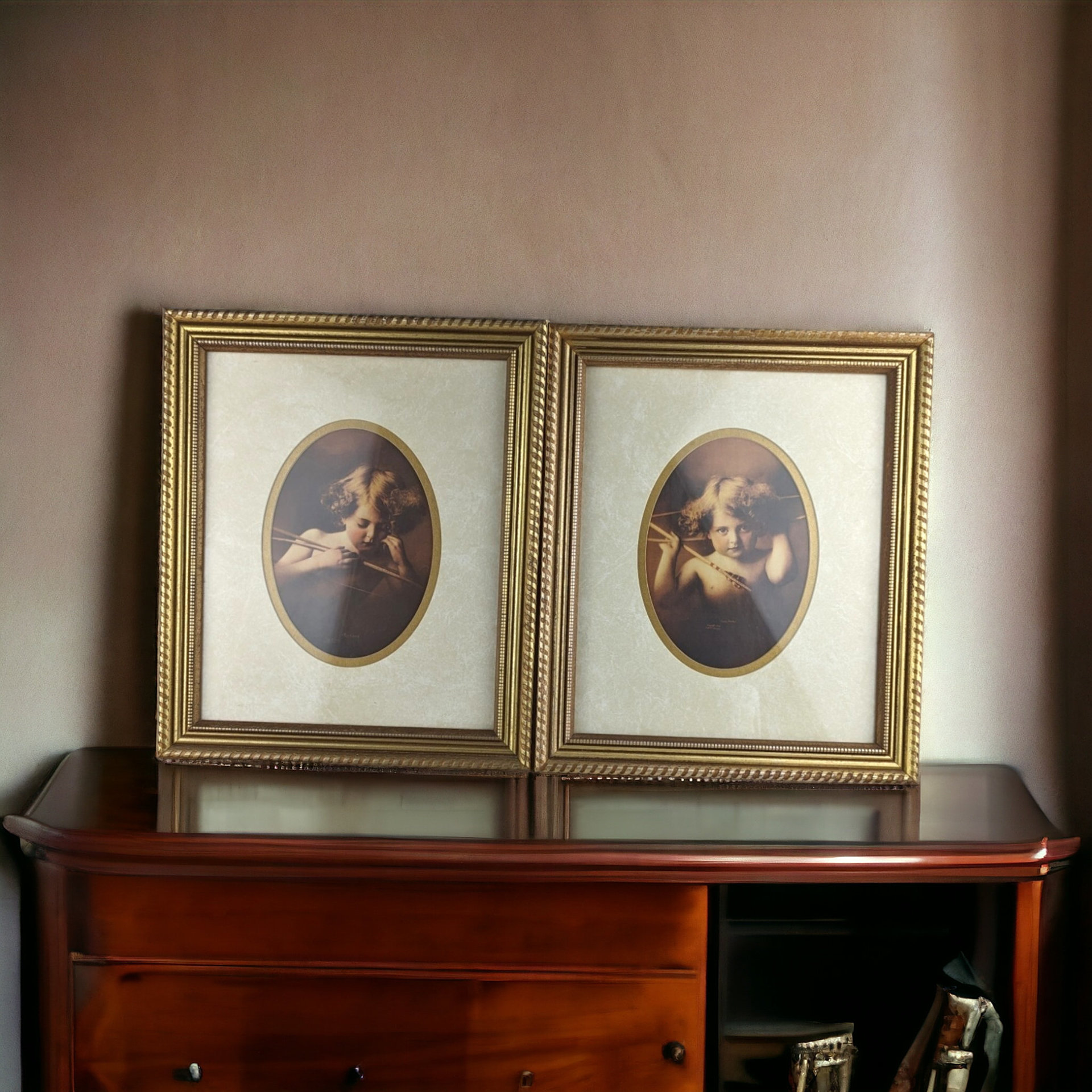 Vintage Cupid Awake and Cupid Asleep Framed Prints, MB Parkinson (11x13")